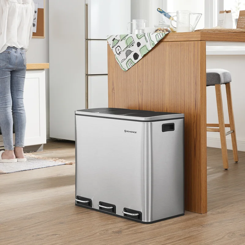 SONGMICS ULTB54NL Trash Can. 3 x 4.8 Gallon Garbage Can. 14.4 Gallon Recycle Bin with Soft-Close Lids. Pedals. and Inner Buckets for Kitchen. Stainless Steel. Silver and Black