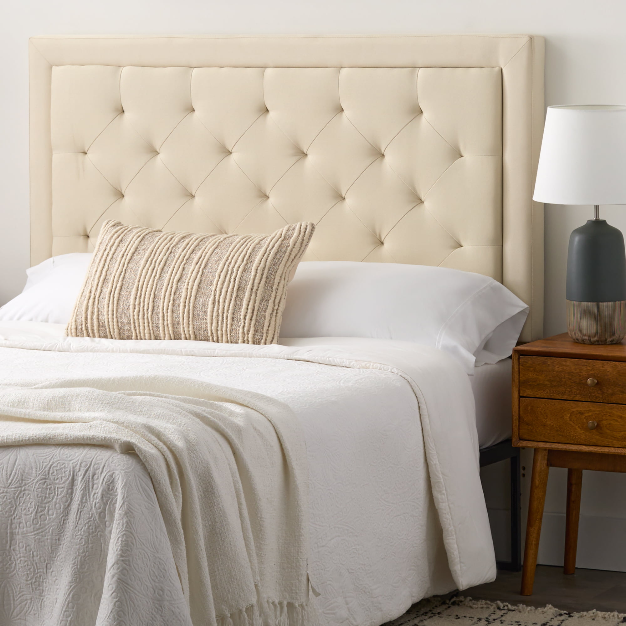 Rest Haven Medford Rectangle Upholstered Headboard with Diamond Tufting. Queen. Cream