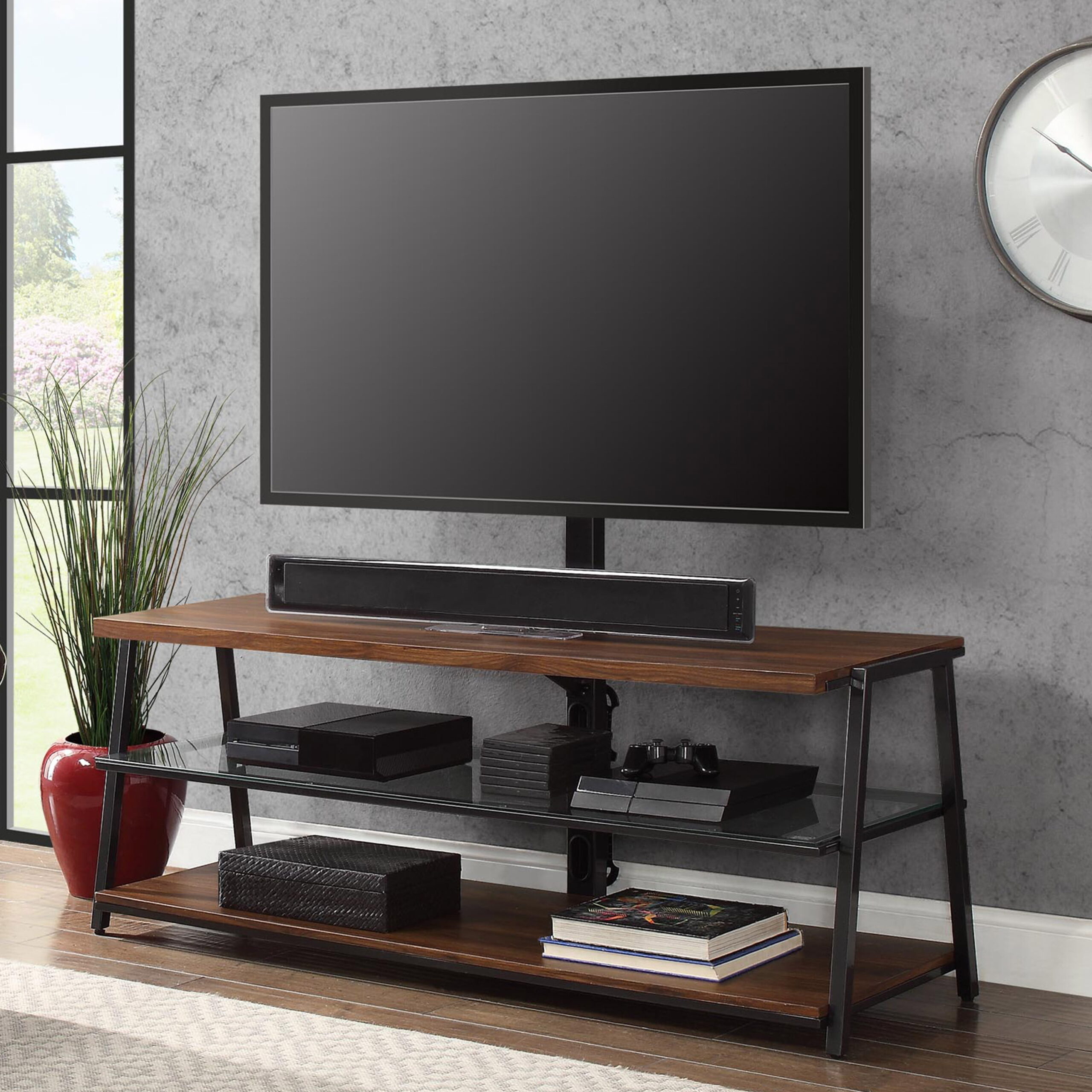 Mainstays Arris 3-in-1 TV Stand for TVs up to 70″.  Canyon Walnut
