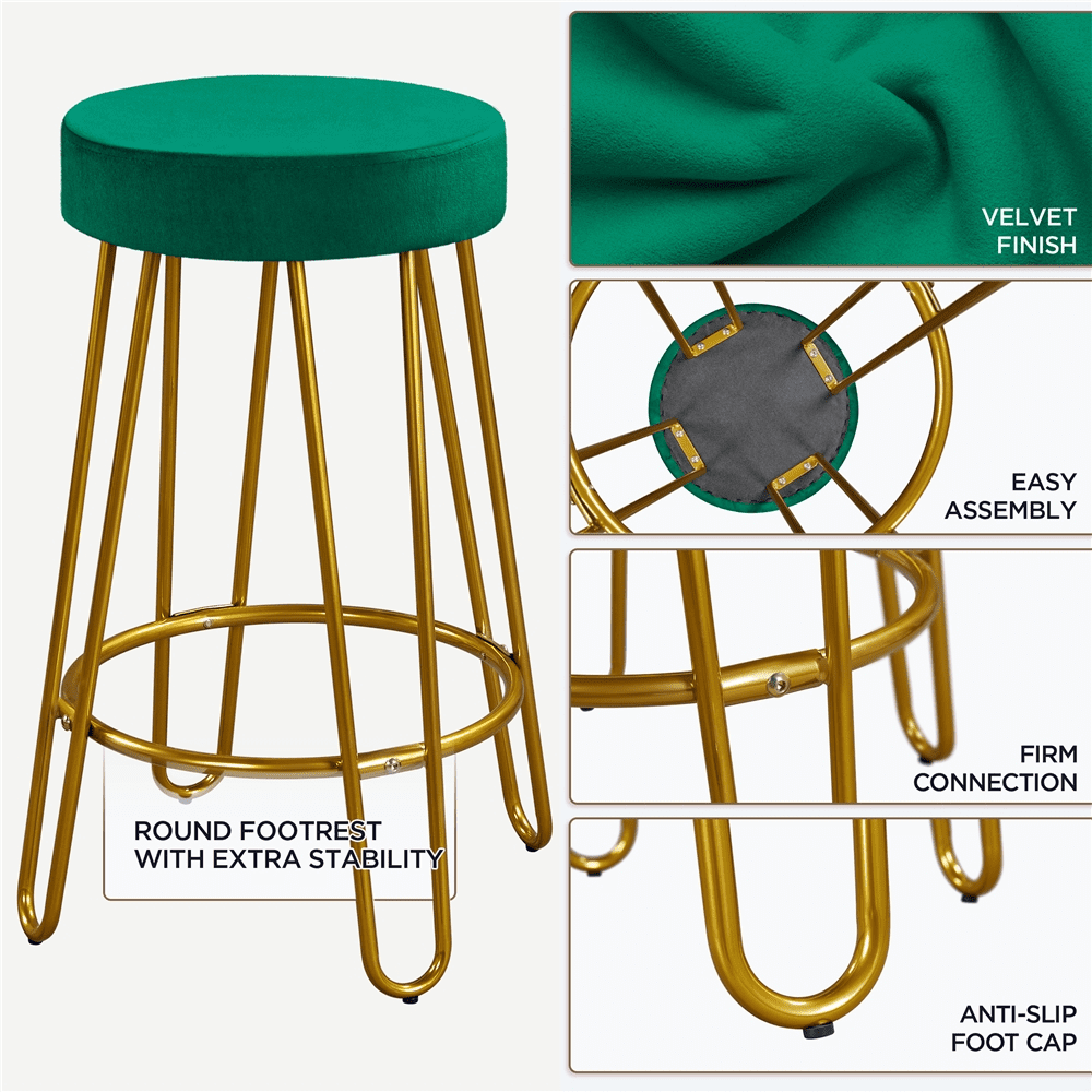 SMILE MART 26.5″H Upholstered Velvet Counter Stools with Golden Metal Legs Set of 2. Green
