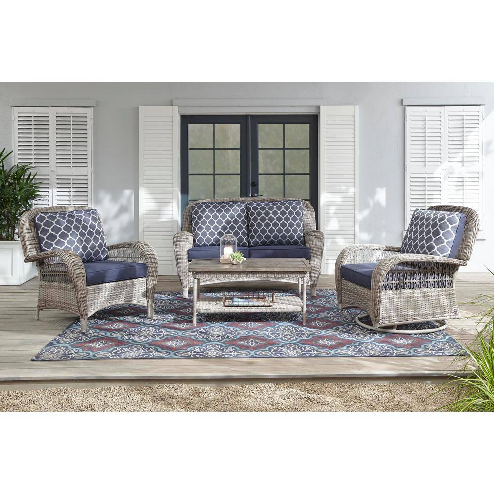 Hampton Bay  Beacon Park Gray Wicker Outdoor Patio Loveseat with Standard Midnight Trellis Navy Blue Cushions