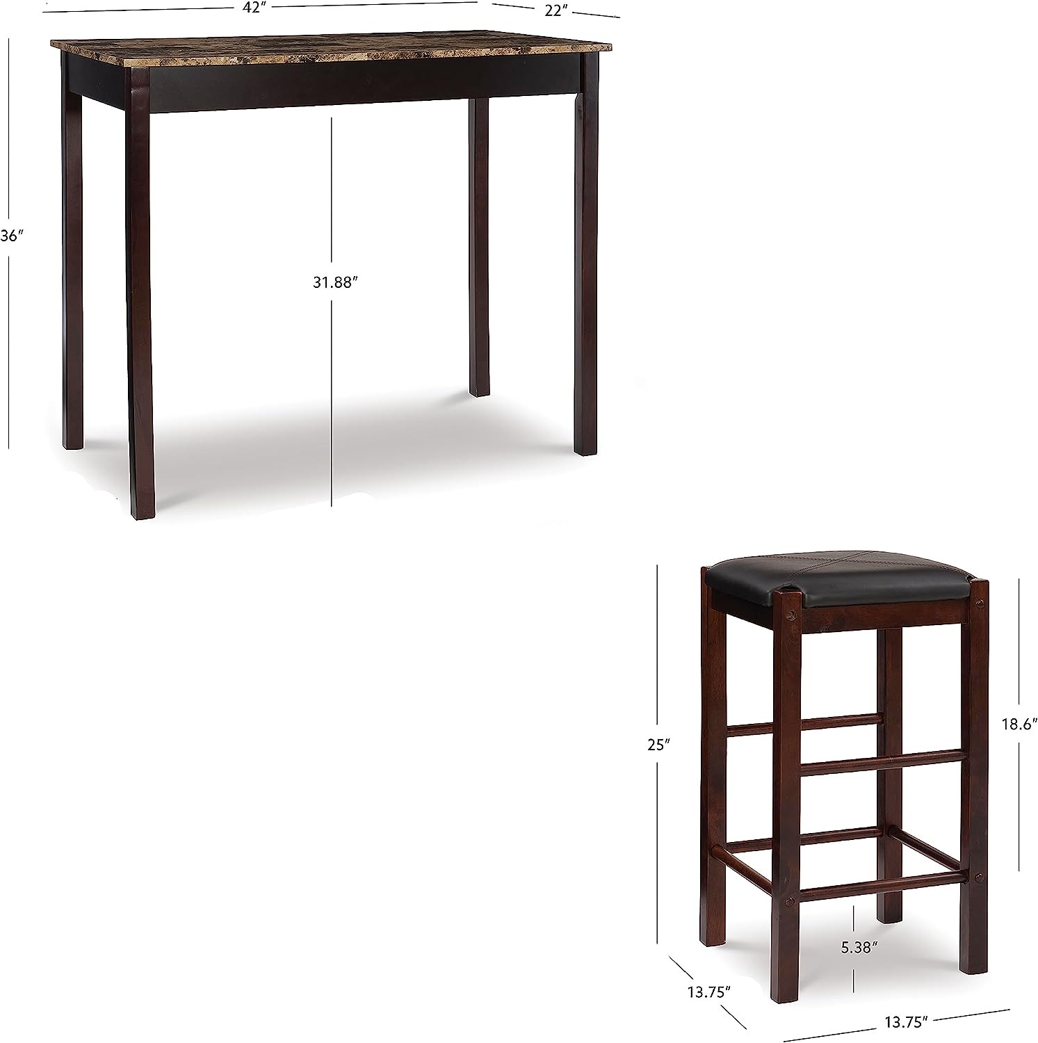 Linon Brown 3-Piece Table Faux Marble Tavern Set. 42″ w x 22.25″ d x 36″ h
