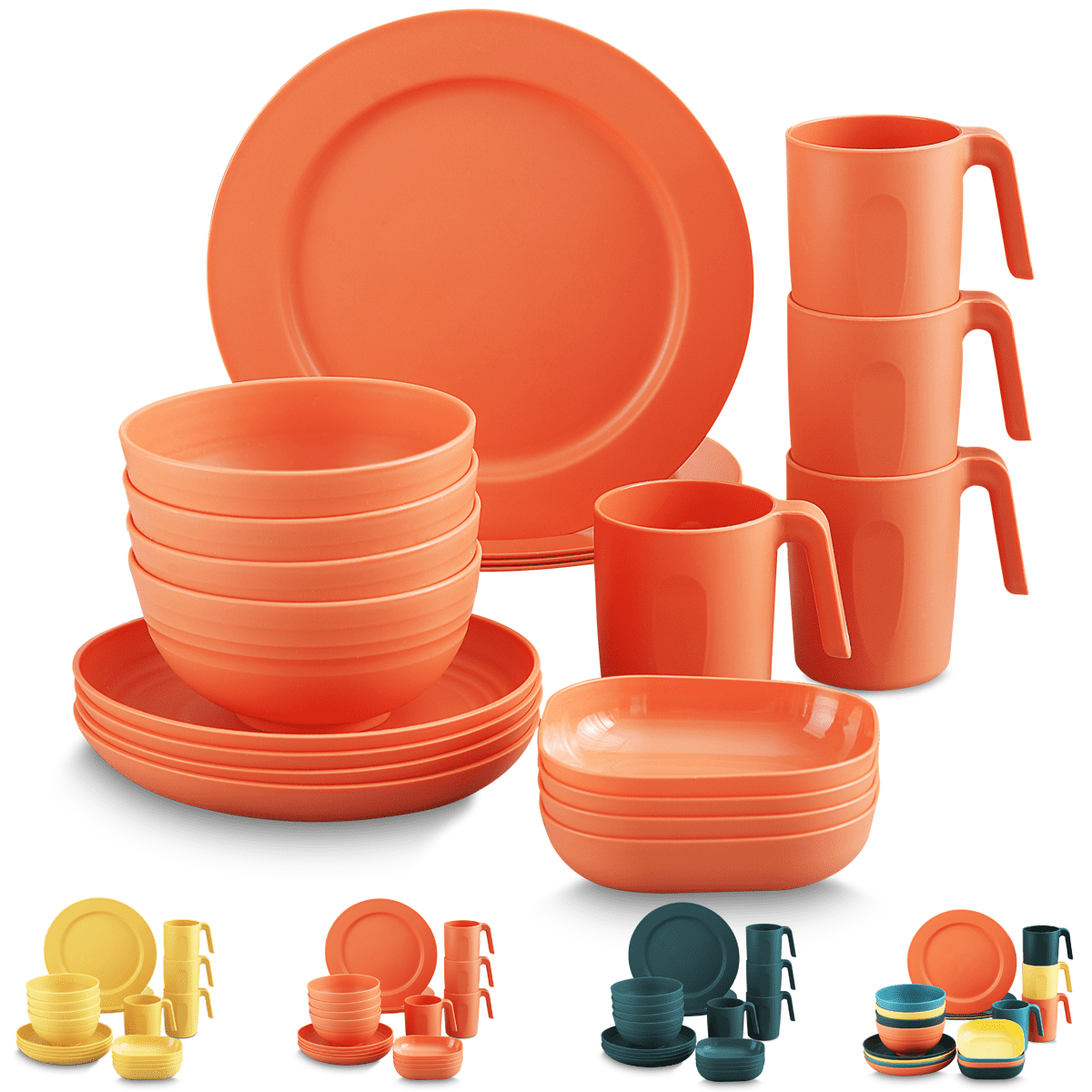 ReaNea Orange Plastic Dinnerware Set of 20 Pieces. Unbreakable And Reusable Light Weight Plates Mugs Bowls Dishes Easy to Carry And Clean BPA Free Service For 4