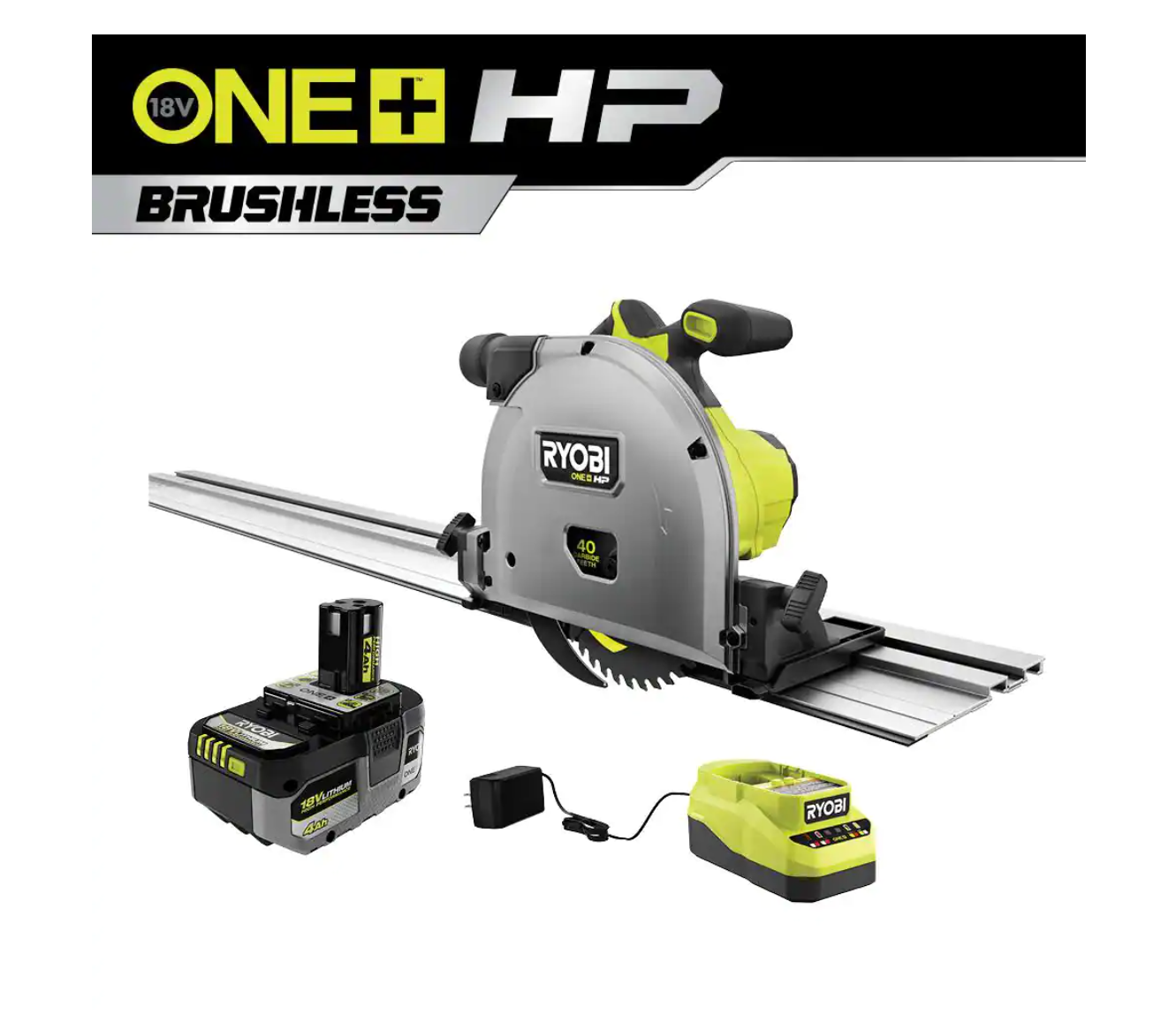 RYOBI PTS01K ONE+ HP 18V Brushless Cordless 6-1/2 in. Track Saw Kit with 4.0 Ah HIGH PERFORMANCE Battery and Charger