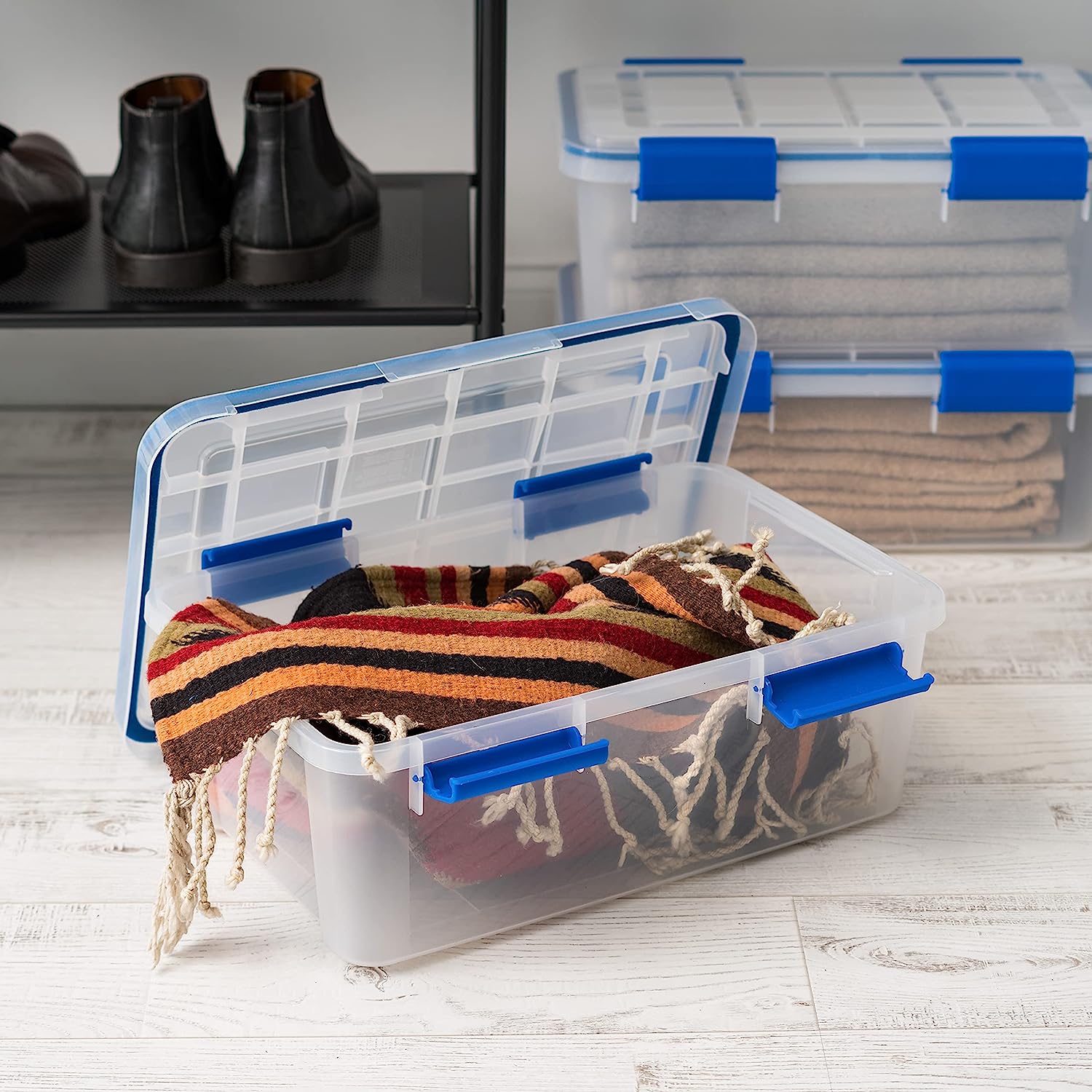 IRIS USA 16 Quart WEATHERPRO Plastic Storage Box with Durable Lid and Seal and Secure Latching Buckles. Clear With Blue Buckles. Weathertight. 3 Pack