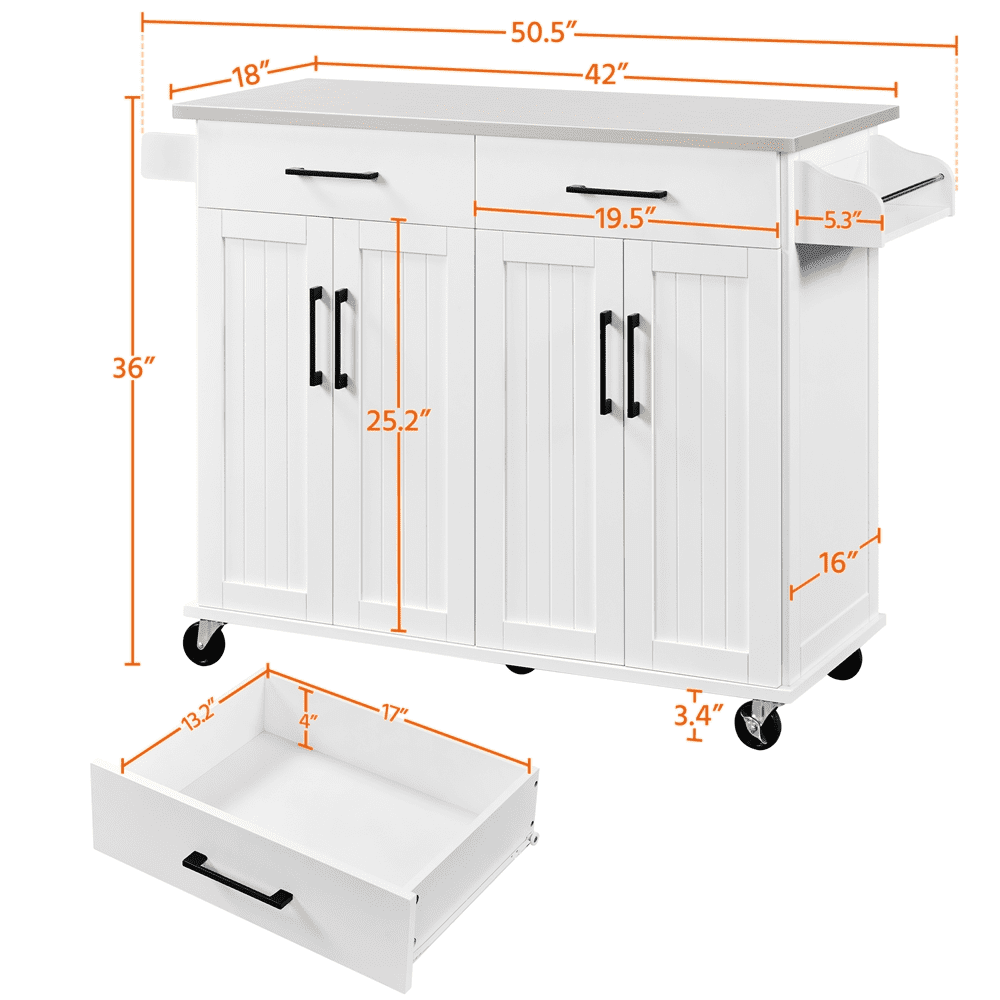SMILE MART Large Kitchen Island on Wheels with Storage Drawers & Cabinets. White