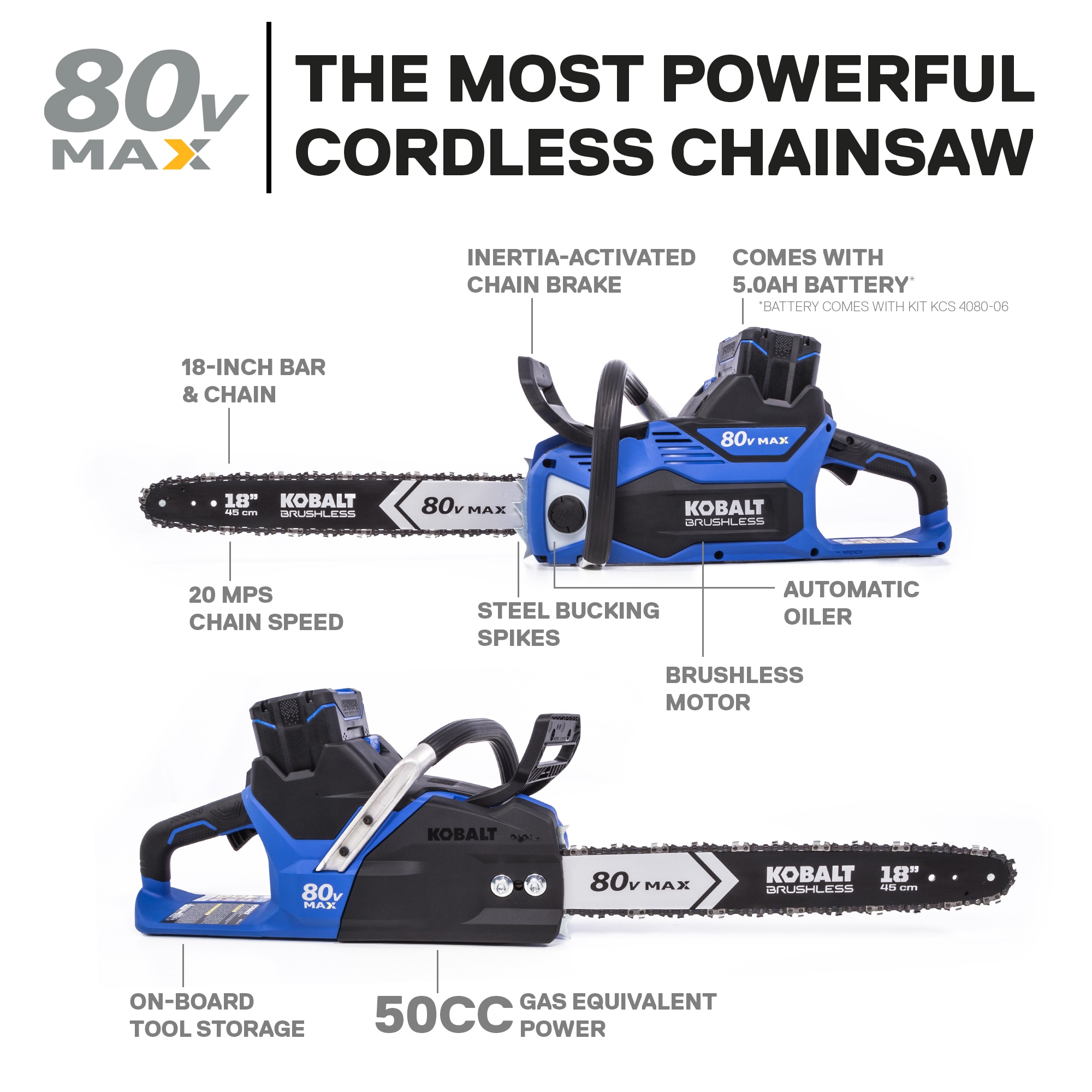 Kobalt KCS 4080-06 80-Volt Max 18-in Brushless Cordless Electric Chainsaw 5 Ah (Battery & Charger Included)