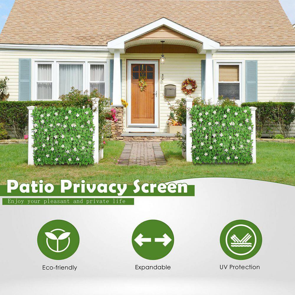 Cisvio D0102HPK737 Expandable Faux Privacy Fence. Decorative Faux Ivy Greenery Fencing Panel. with White Flower (4-Pack)