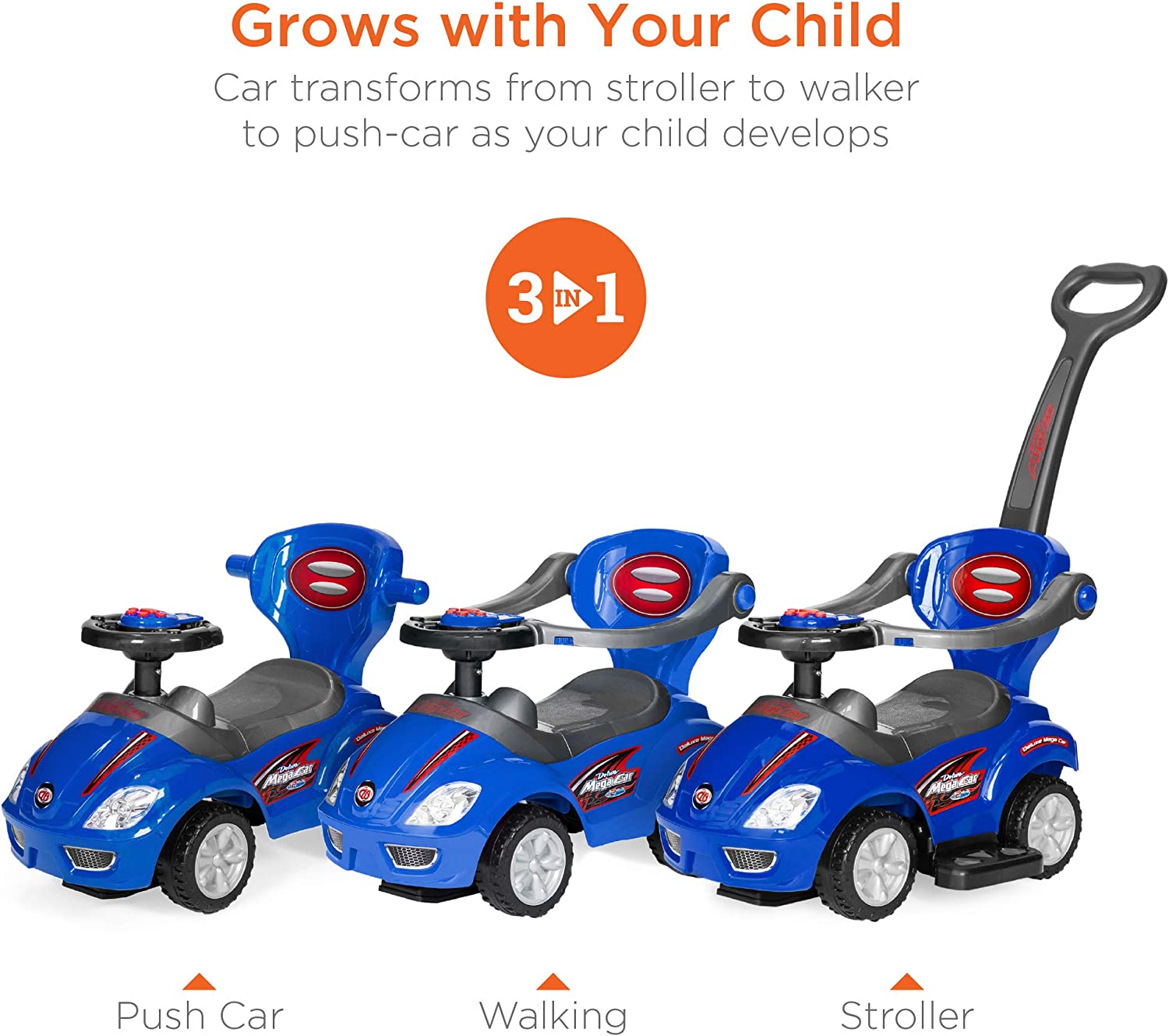 Best Choice Products Kids 3-in-1 Push and Pedal Car Toddler Ride On w/Handle. Horn. Music - Blue