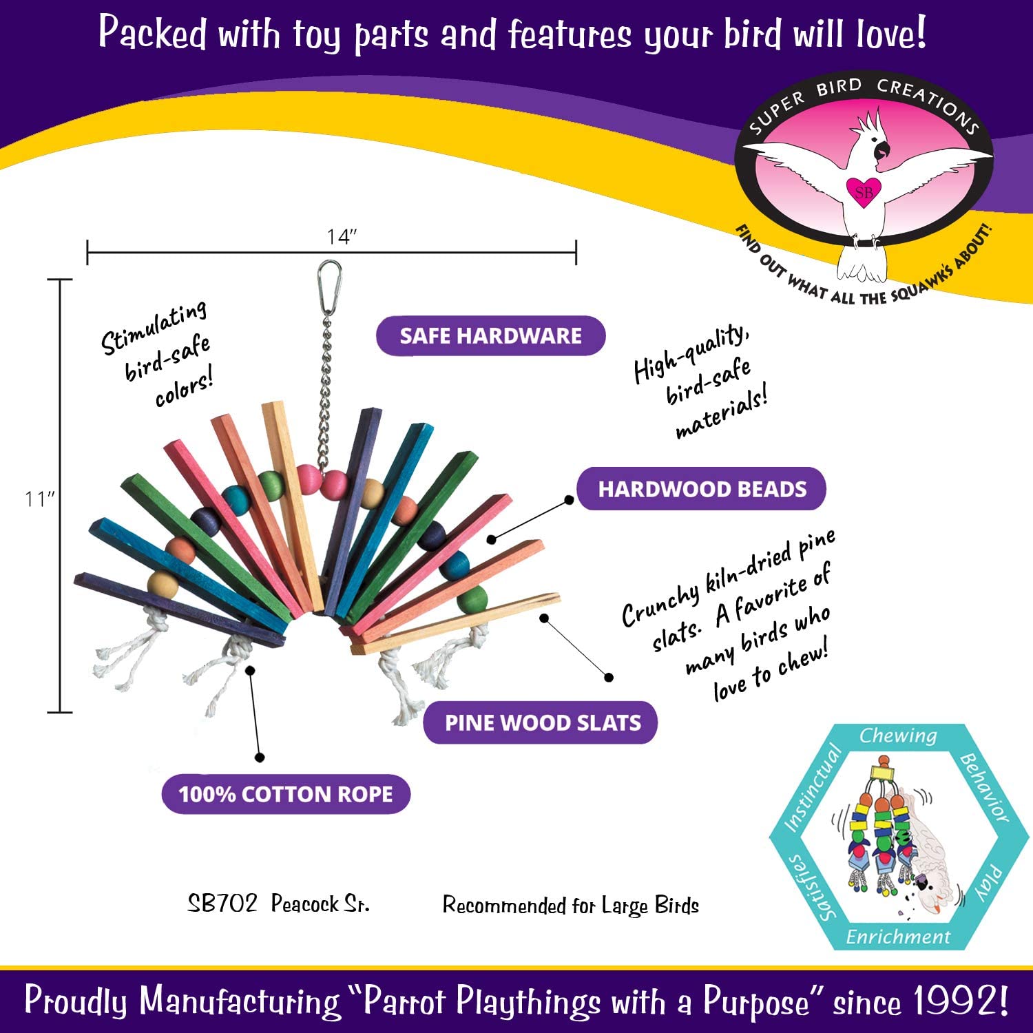 Super Bird Creations SB702 Peacock Sr. Bird Toy. Large Bird Size. 14 x 11 x 1.5