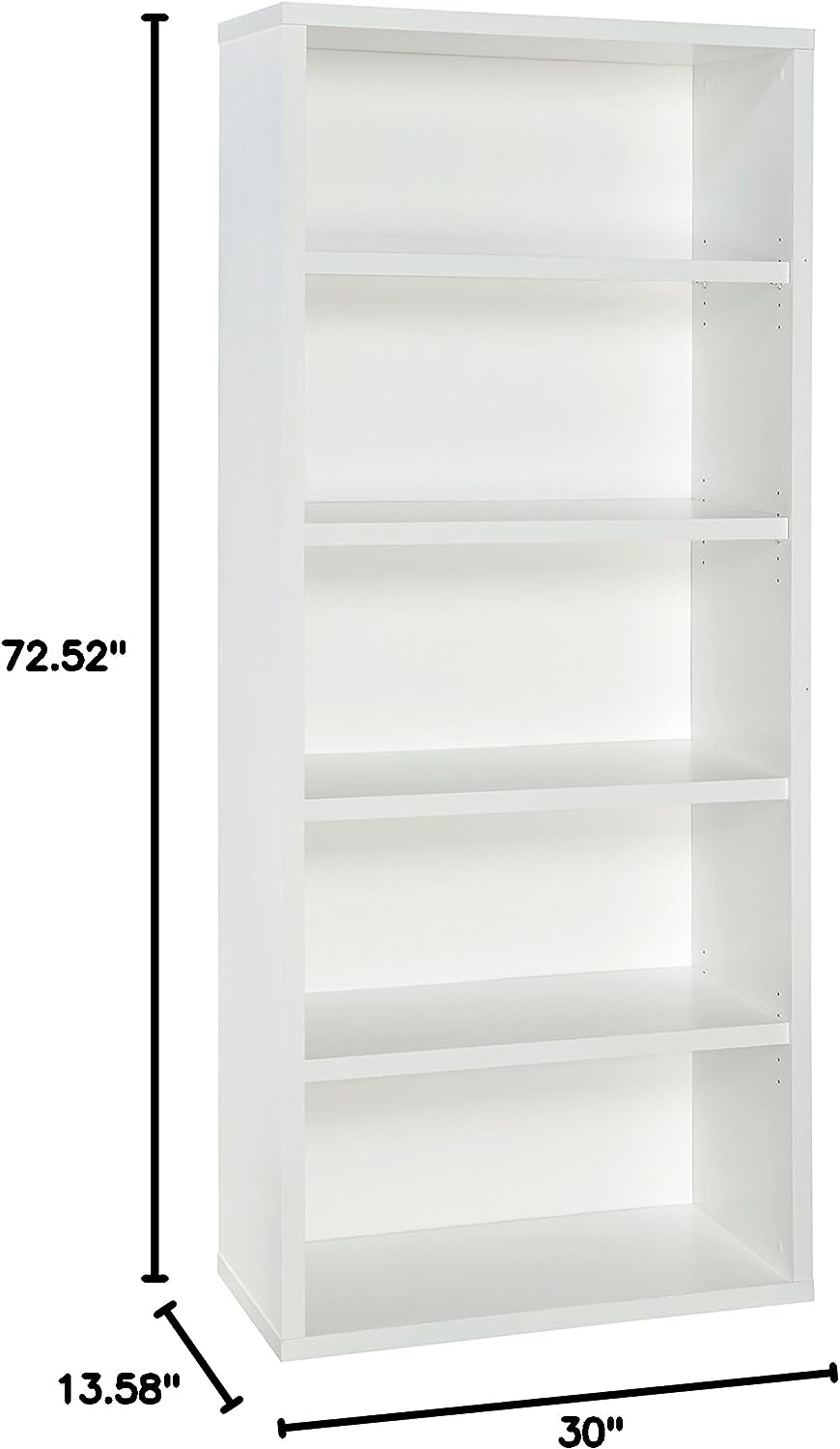 ClosetMaid Bookshelf with 5 Shelf Tiers. Adjustable Shelves. Tall Bookcase Sturdy Wood with Closed Back Panel. White Finish