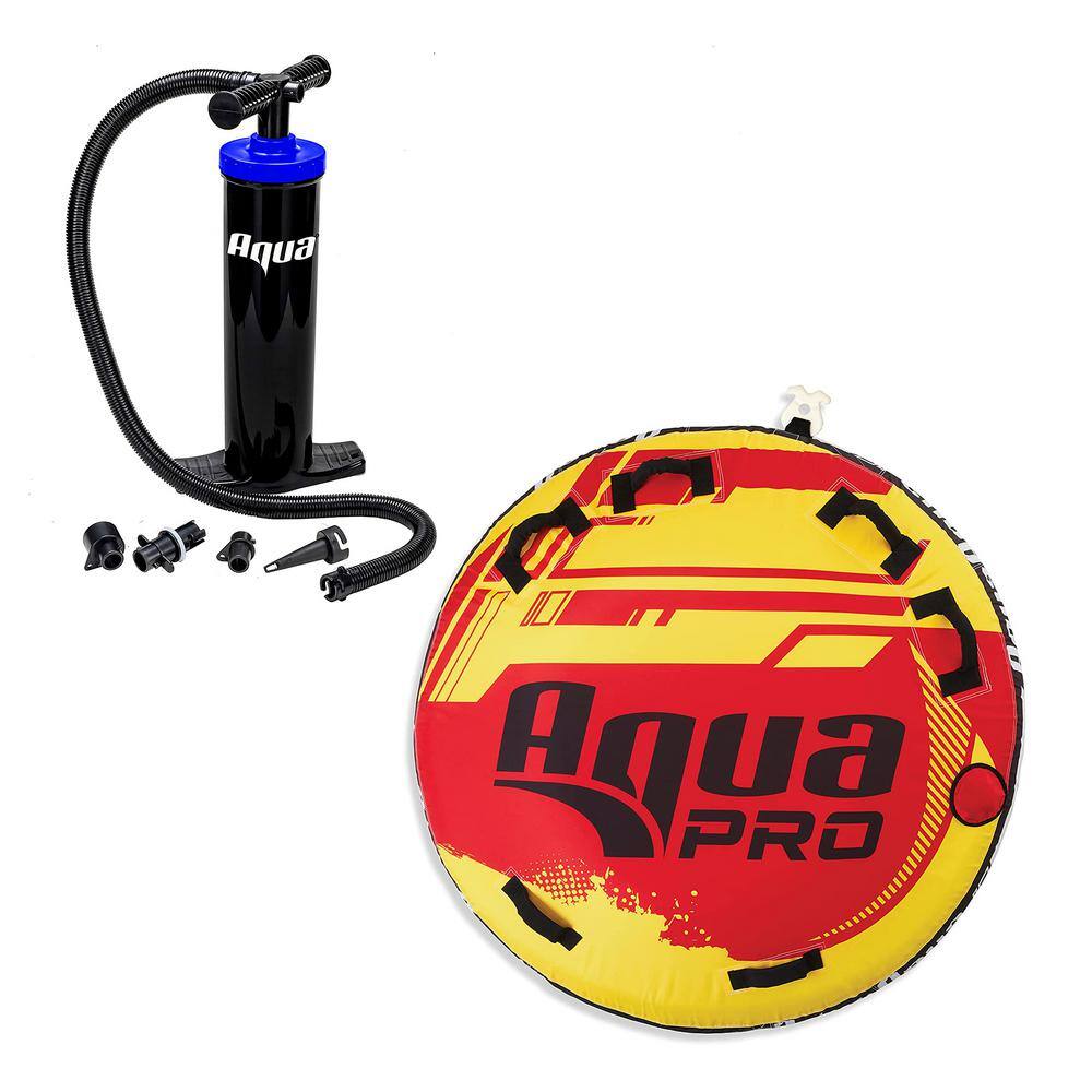 AquaPro AQX18967 + AZL19981 60 in. Nylon Deck Style Towable 1 Person Rider. Yellow/Red with Hand Pump