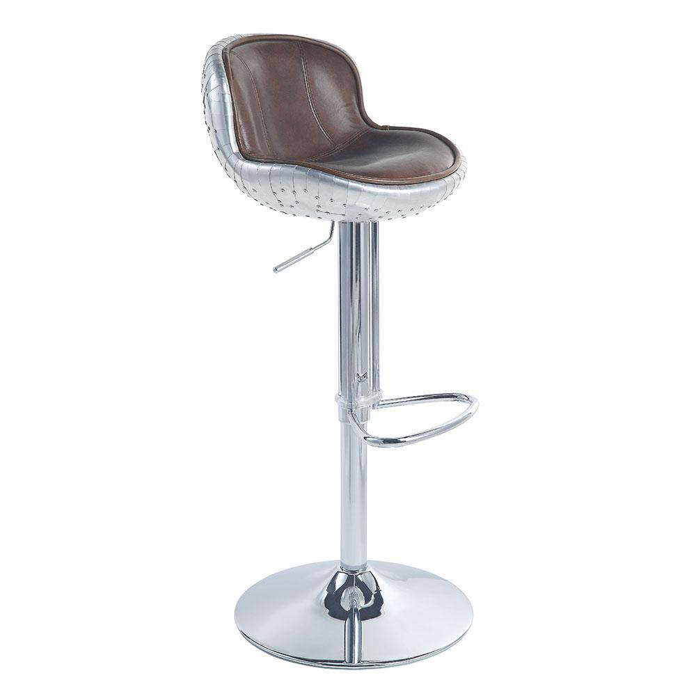 Acme Furniture  Brancaster 41 in. Vintage Brown and Aluminum Low Back Metal Frame Adjustable Swivel Bar Stool with Leather Seat