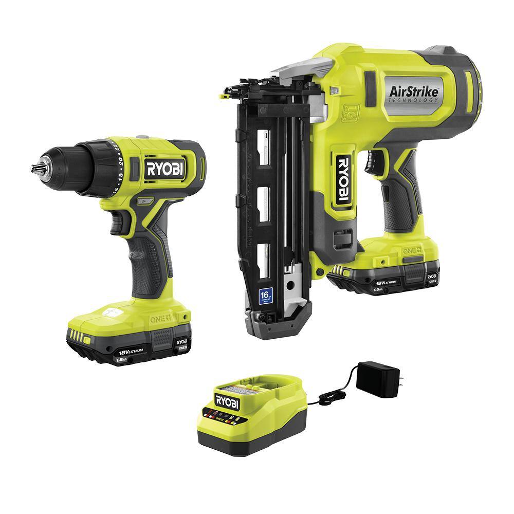 RYOBI P326-PCL206K2 ONE+ 18V Cordless 2-Tool Combo Kit w/ 1/2 in. Drill/Driver. 16-Gauge Finish Nailer. (2) 1.5 Ah Batteries. and Charger