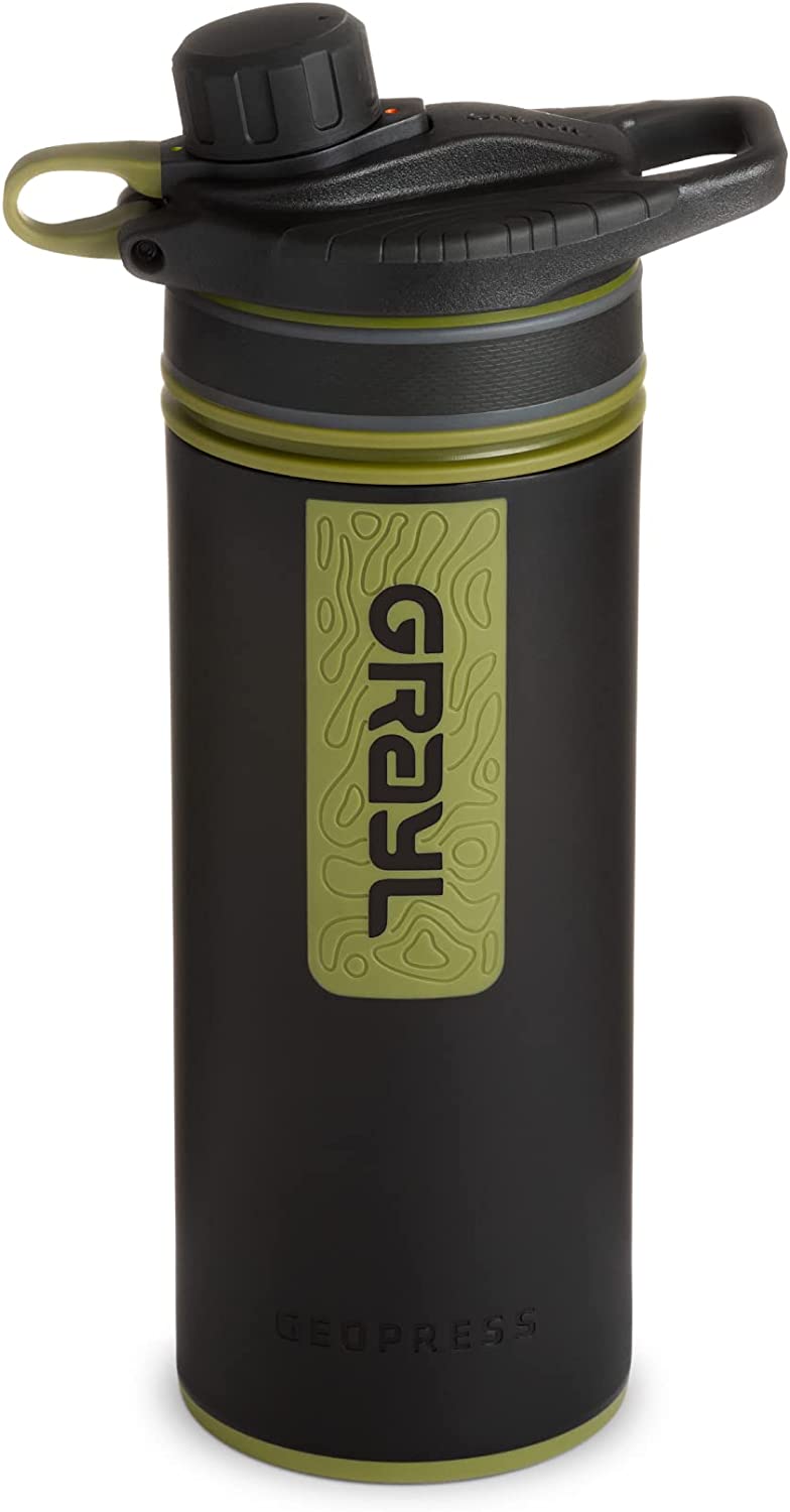 GRAYL GeoPress 24 oz Water Purifier Bottle. Camo Black – Filter for Hiking. Camping. Survival. Travel
