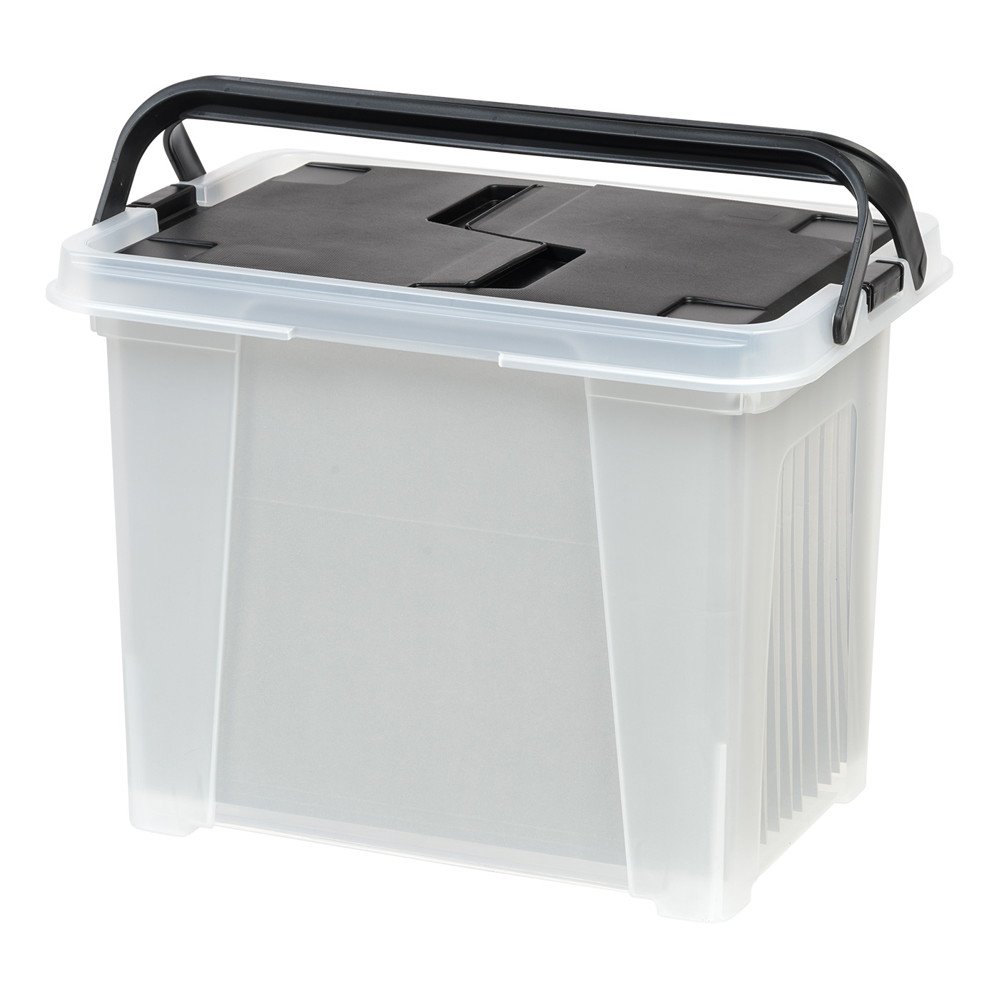 IRIS USA Letter Size Portable Wing-Lid File Box with Handles. Black Lid. Clear Body. Set of 4