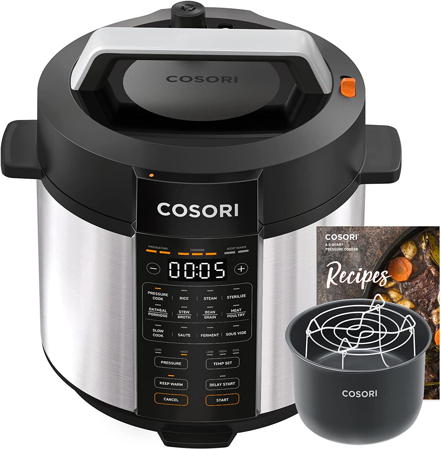 COSORI Electric Pressure Cooker 6 Quart. 9-in-1 Instant Multi Cooker. 13 Presets. Rice Slow Cooker. Sauté. Sous Vide. Sterilizer. Recipes. 1100W. Stainless Steel. Olla de Presion Electrica Multiuso