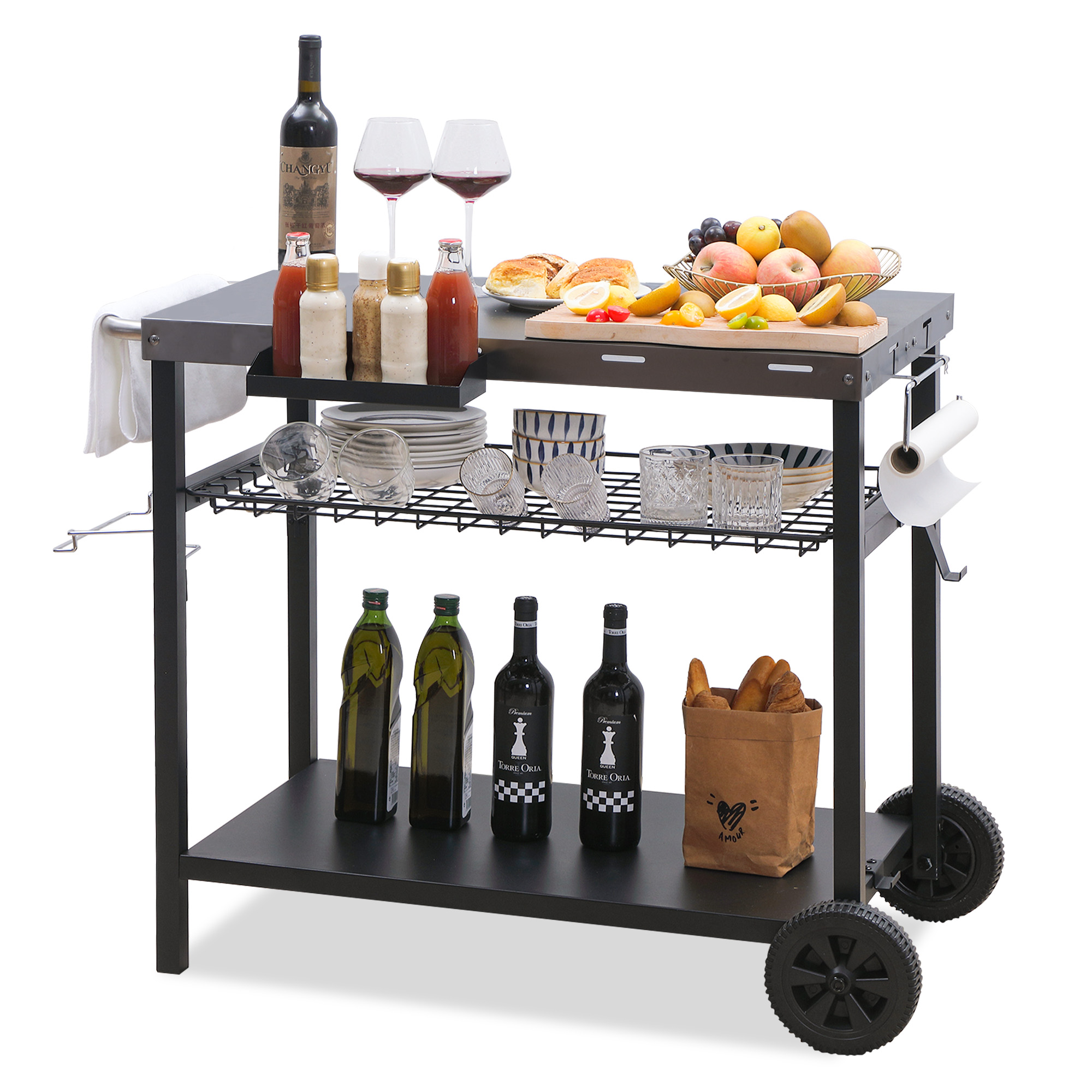 PIZZELLO Outdoor Bar Cart with Storage. Wheels. Handle. Hook. Trash Bag Holder. Paper Towel Holder. Movable Spice Rack - Silver
