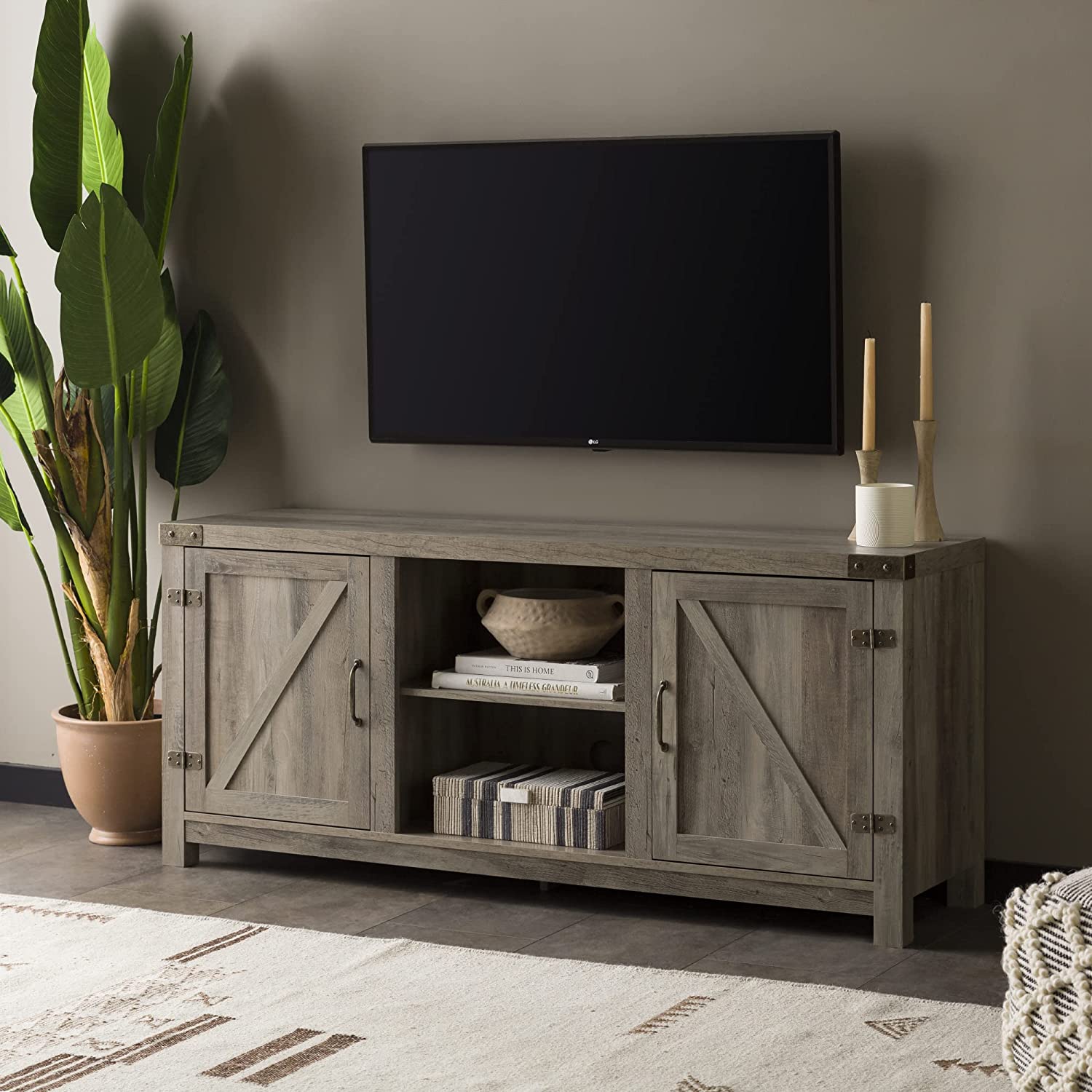 Walker Edison Georgetown Modern Farmhouse Double Barn Door TV Stand for TVs up to 65 Inches. 58 Inch. Grey