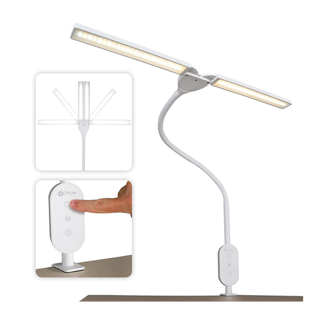 OttLite Pivot LED Clamp Desk Lamp - Dual Lamp Shades & Flexible Neck with ClearSun LED Technology - Pivot White Clamp Lamp