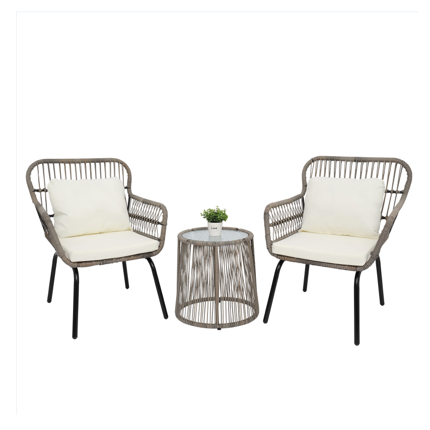 DISCOUNTTODAY  3-Piece Patio Wicker Conversation Bistro Set with 2 Chairs & Glass Top Side Table & Cushions Tan