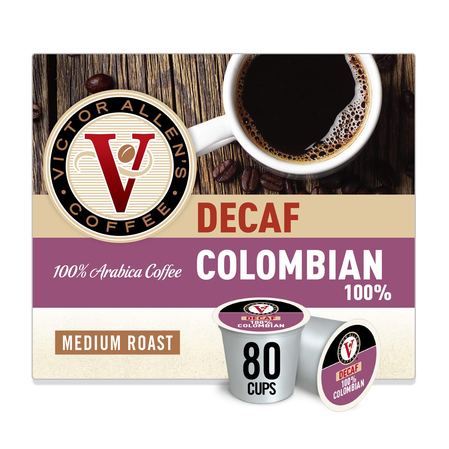 Victor Allen-s coffee Decaf 100% Colombian. Medium Roast. 80Count Single Serve Coffee Pods for Keurig K Cup Brewers. Decaf 100% Colombian. 80Count