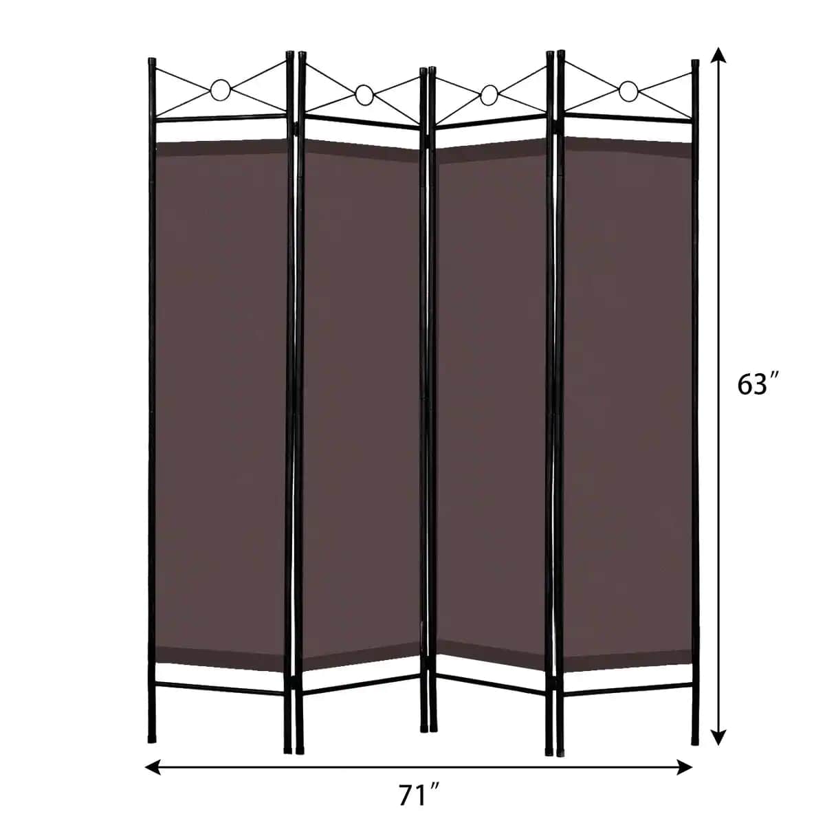 71 in. Brown 4-Panel Room Divider Privacy Screen with Metal Frame