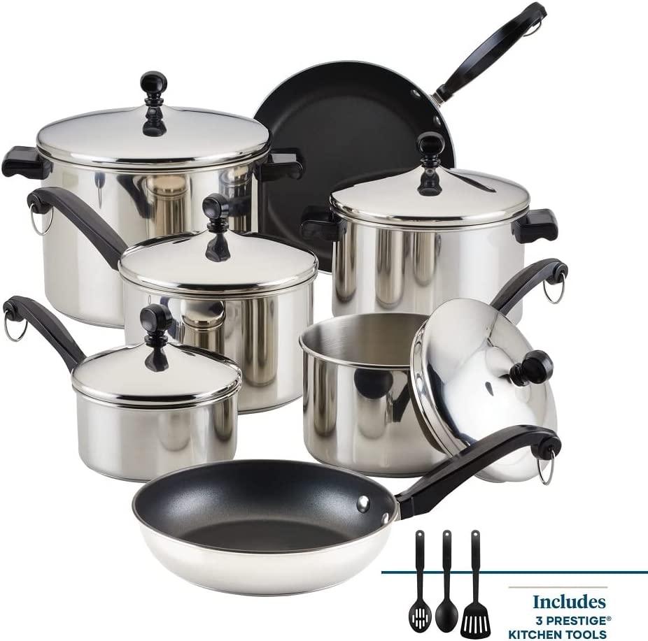 Farberware Classic Stainless Steel Cookware Pots and Pans Set. 15-Piece.50049.Silver