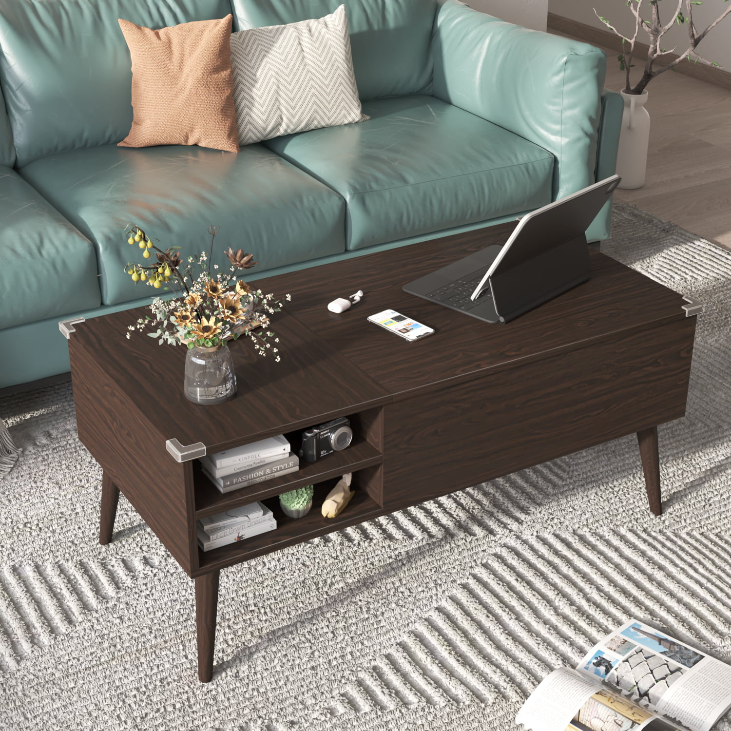 Furmax 39 Inch Wood Lift Top Coffee Table with Hidden Compartment and Storage Shelf. Lift Tabletop Dining Table for Home Living Room Bedroom. Office