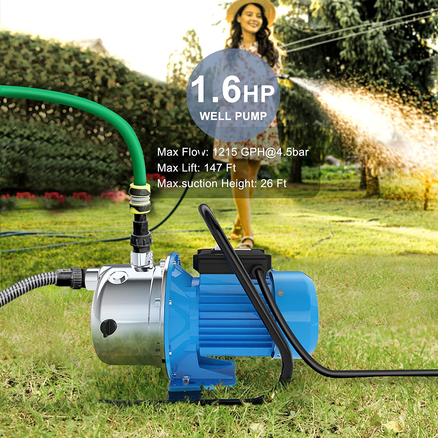 FOTING 1.6 HP Shallow Well Pump. 1215 GPH Portable Garden Pump. Stainless Steel Water Transfer Household Draining Irrigation Pump for Lawn Farm