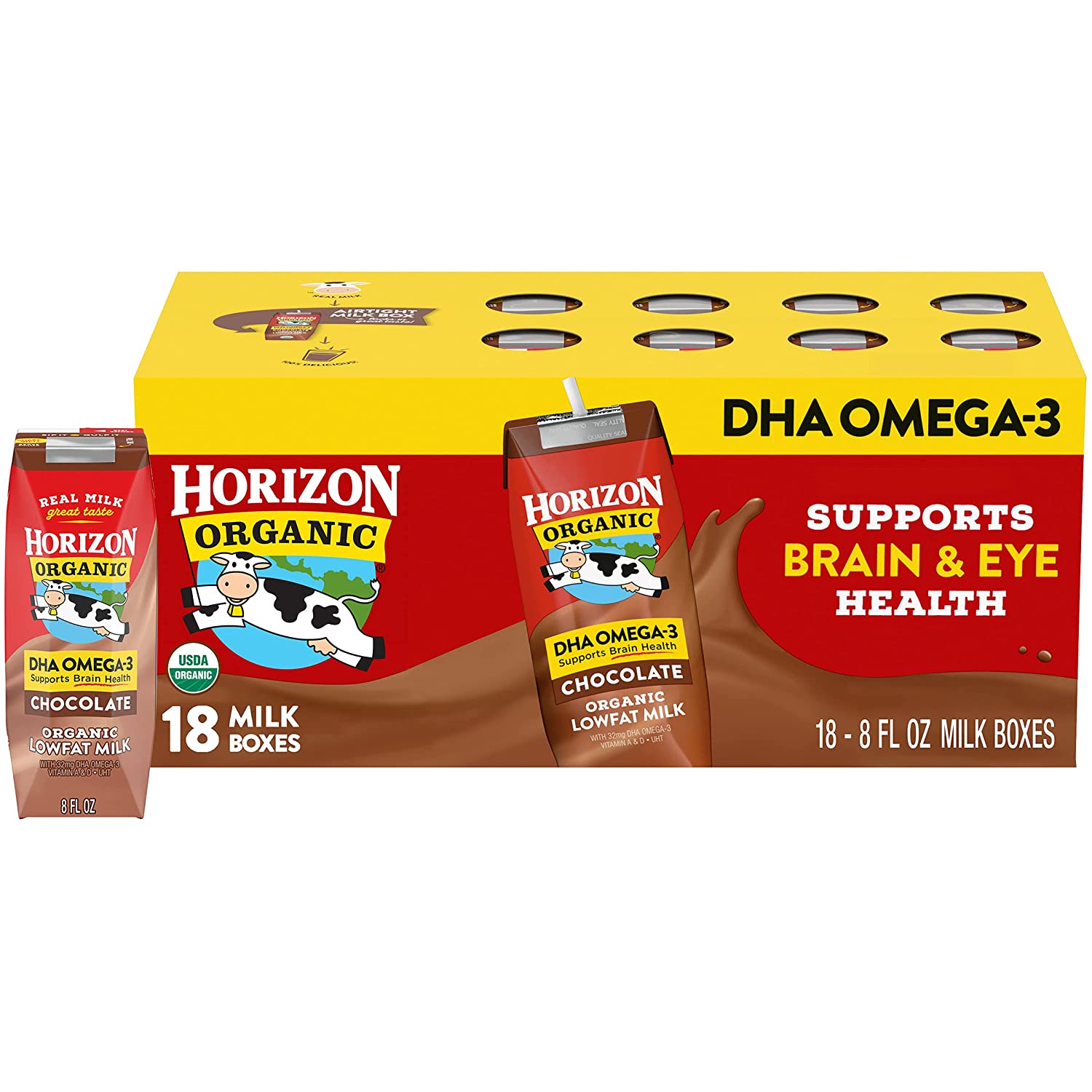 Horizon Organic Shelf-Stable 1% Lowfat Milk Boxes with DHA Omega-3. Chocolate. 8 oz.. 18 Pack