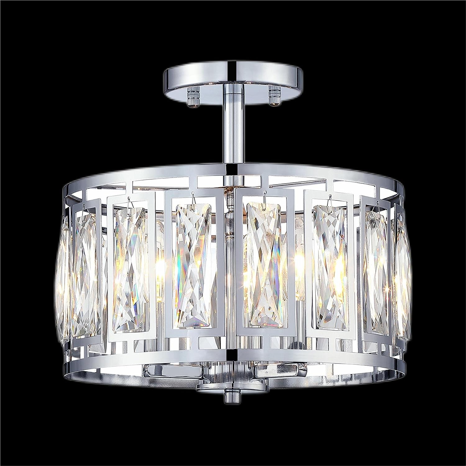 Giiland Modern Crystal Semi Flush Mount Ceiling Light Industrial Close to Ceiling Light Crystal Drum Shade Chandelier. 3-Light Chrome Ceiling Lamp for Dining Room Bedroom Kitchen Island Hallway Entryway