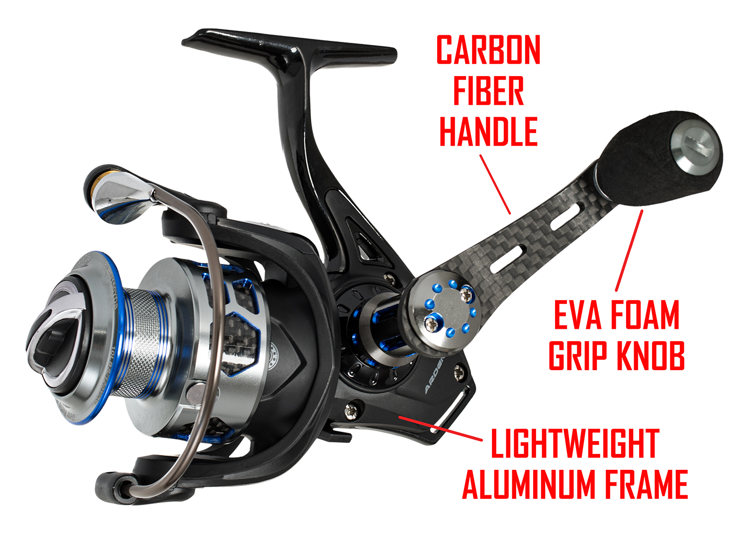 Ardent Bolt Spinning Fishing Reel 3000 size. High Speed 6.2:1 Gear Ratio. 12 lb. / 120 Yard Line Capacity. Carbon Fiber Handle