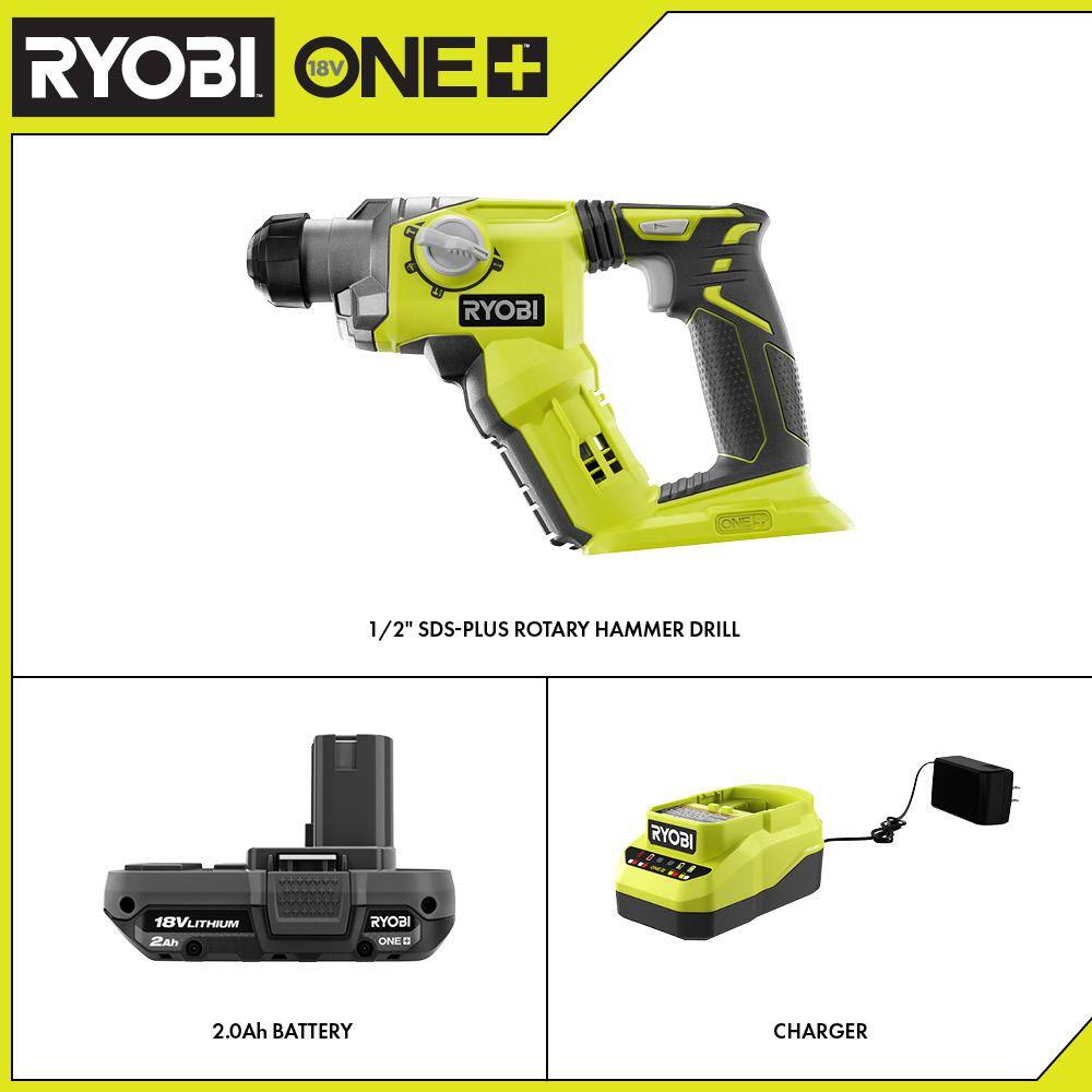 RYOBI P222-PSK005 ONE+ 18V Cordless 1/2 in. SDS-Plus Rotary Hammer Drill with 2.0 Ah Battery and Charger