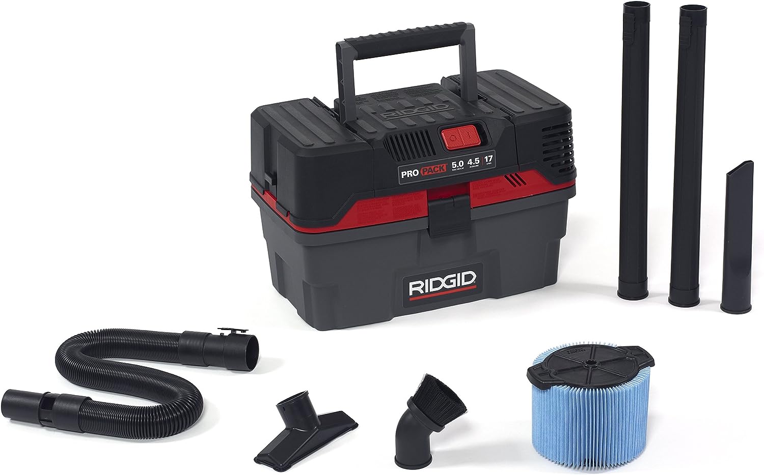 RIDGID 50318 4500RV ProPack 4.5-Gal. Portable Wet Dry Shop Vacuum with Toolbox Design. 5.0 Peak HP Motor. Expandable Pro Hose. and Blower Port. Red