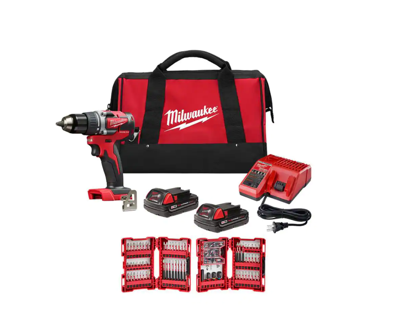 Milwaukee 2801-22CT-48-32-4083 M18 18-Volt Lithium-Ion Brushless Cordless 1/2 in. Compact Drill/Driver Kit w (2) 2.0 Ah Batteries. & 100pc Bit Kit
