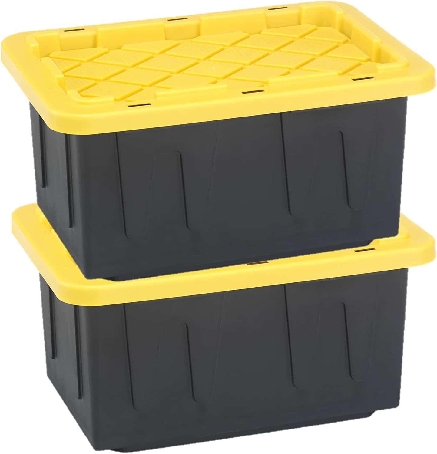 HOMZ 15 Gallon Durabilt Storage Bins. Pack of 2 Heavy Duty Plastic Containers. Secure Snap Lids. 6 Hasp Areas for Tie-Down Straps or Locks. Stackable. Nestable. Organizing Totes