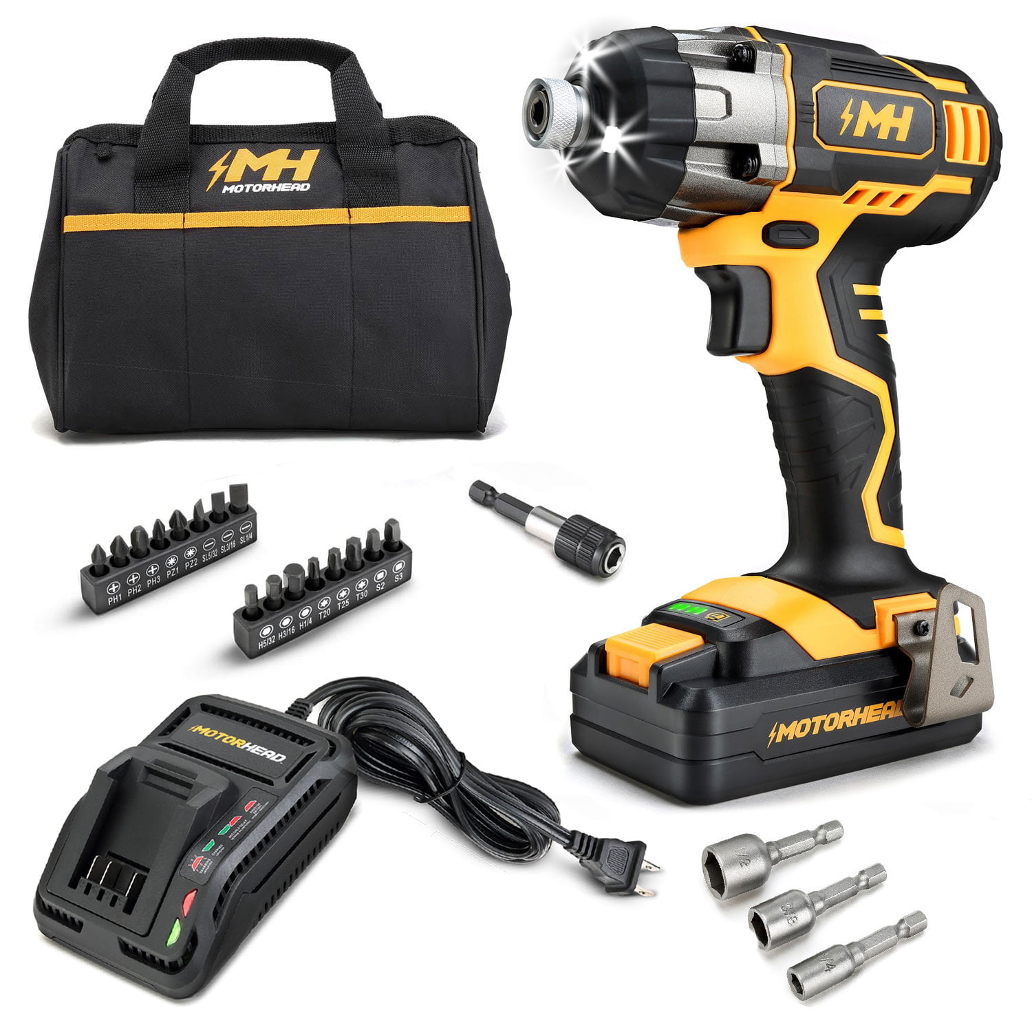 MOTORHEAD 20V ULTRA Cordless Impact Driver Kit. Lithium-Ion. ¼ All-Metal Hex Chuck. Tri-Beam LED. Variable Speed Trigger. 2Ah Battery & Quick Charger. Bag. 16 Accessory Bits. 3 Nut Drivers. USA-Based