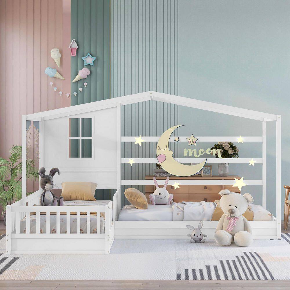 URTR  White Twin Size L-Shaped Wood House Bed for Kids. 2 Twin Solid Bed L Structure with Fence and Slatted Frame