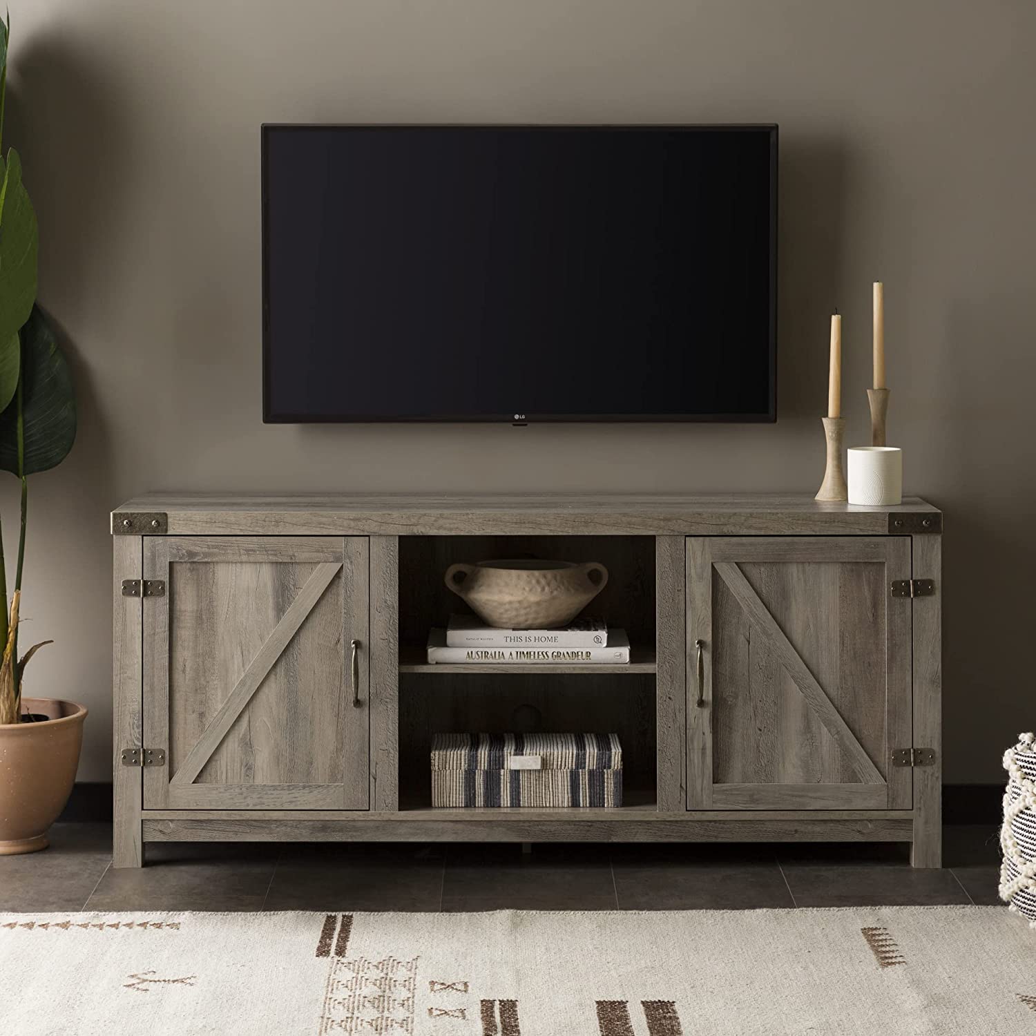 Walker Edison Georgetown Modern Farmhouse Double Barn Door TV Stand for TVs up to 65 Inches. 58 Inch. Grey