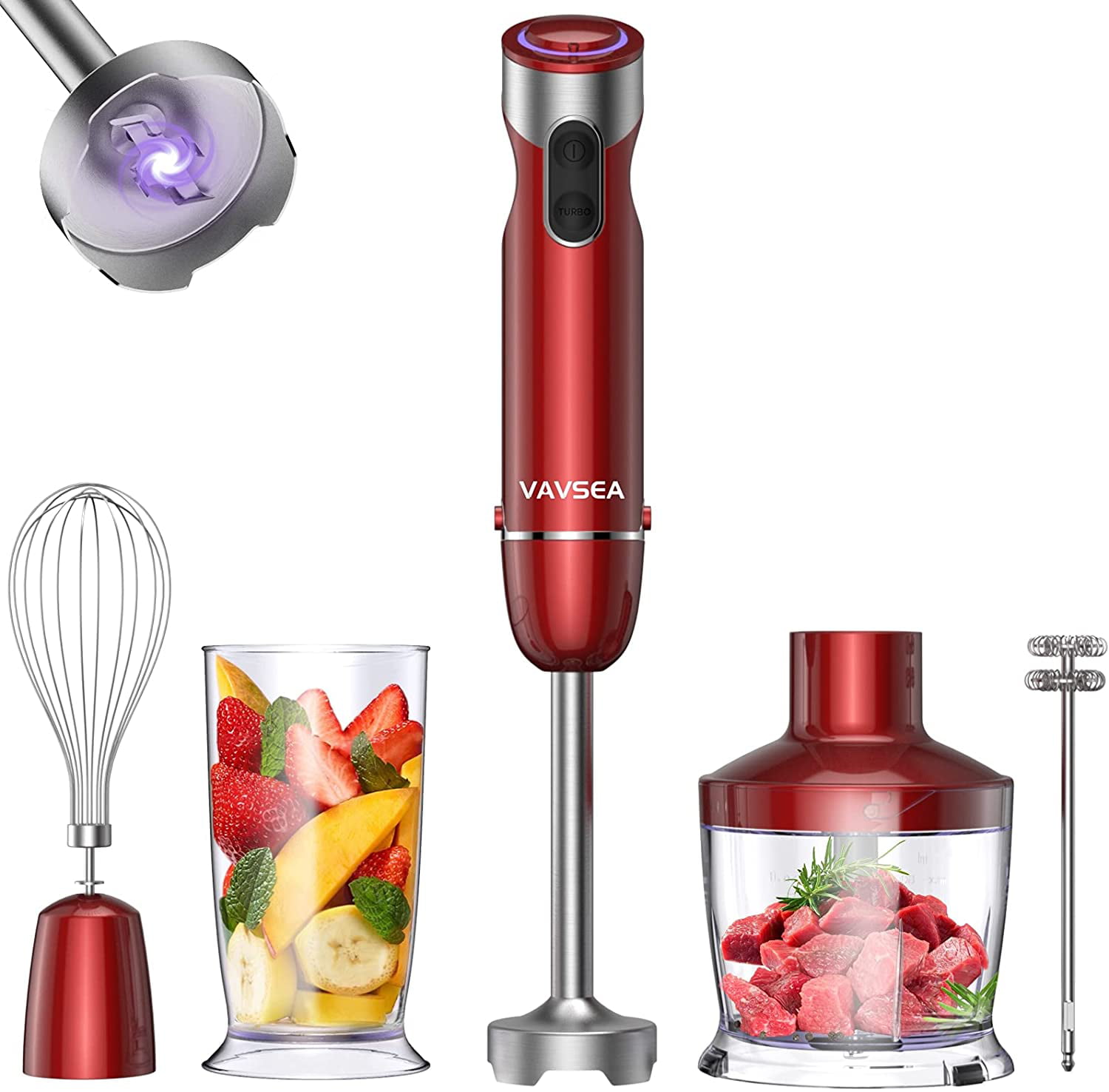 VAVSEA 1000W 5-in-1 Immersion hand Blender. 12 Speed Stick Blender with Mixing Beaker (22oz) 304 Stainless Steel with Chopper Bowl. Milk Frother. Egg Whisk. 600ml Beaker