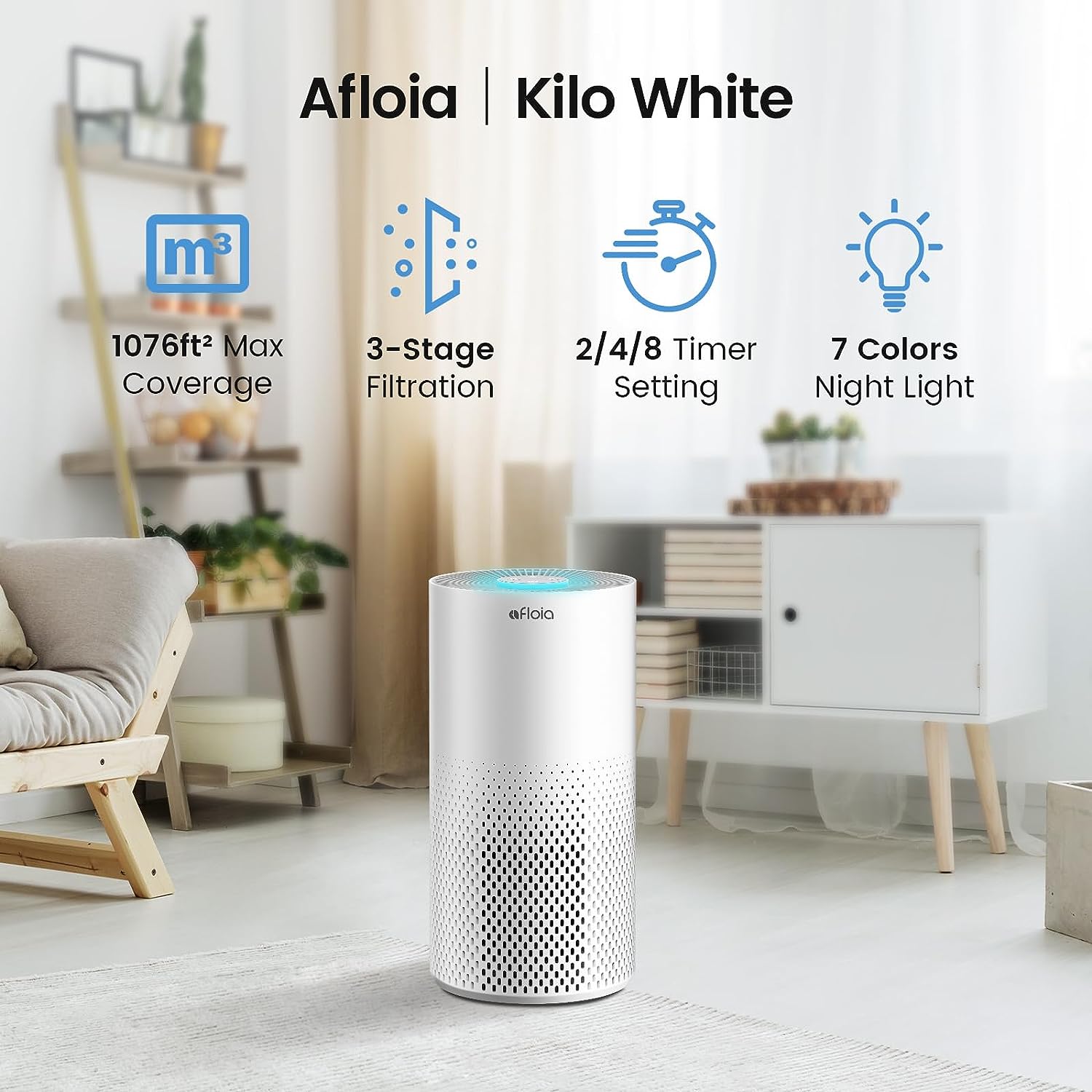 Afloia Air Purifiers for Home Large Room Up to 1076 Ft². H13 True HEPA Air Purifiers for Bedroom 22 dB. Air Purifiers for Pets Dust Dander Mold Pollen. Odor Smoke Eliminator. Kilo White. 7 Color Light