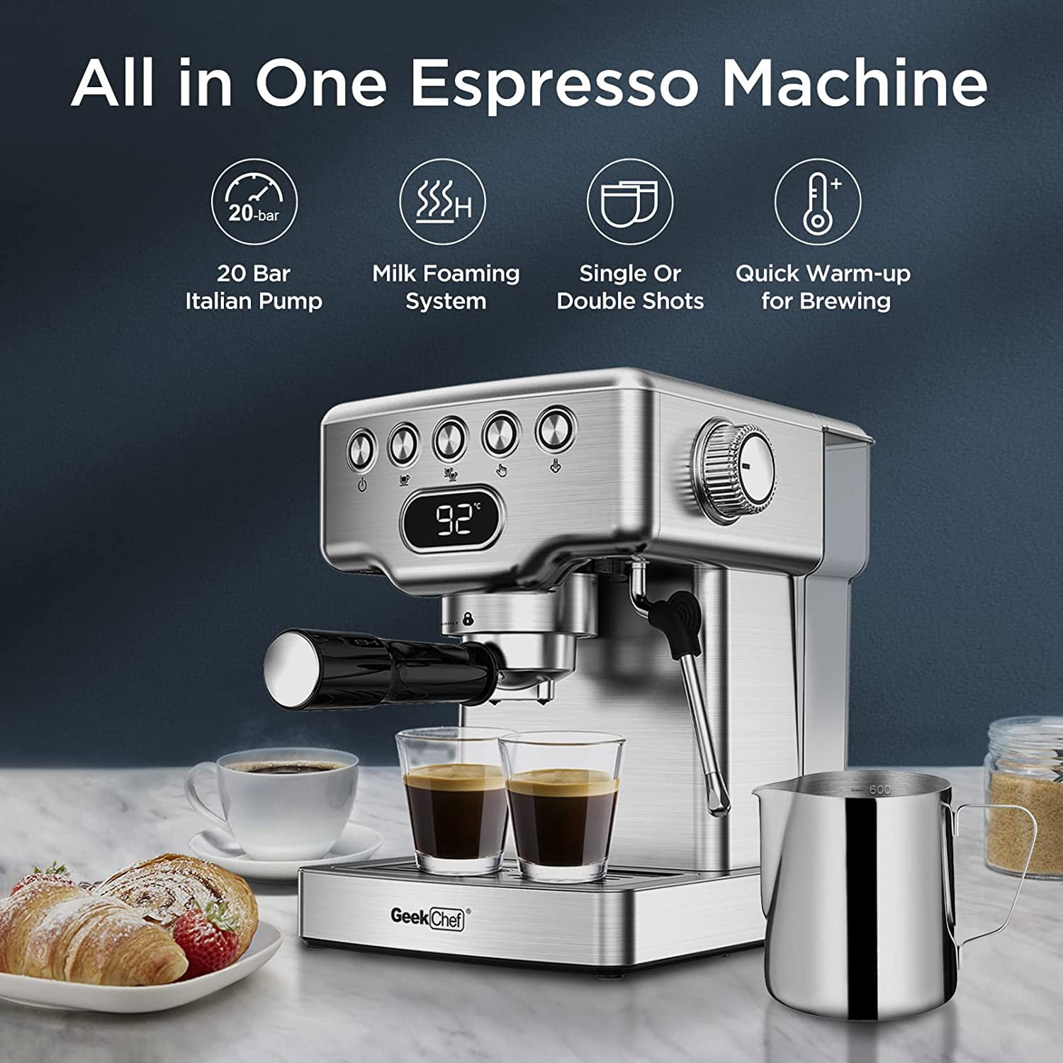 Geek Chef Espresso Machines. 20 Bar Espresso Maker for home. Latte & Cappuccino Maker with Milk Frother Steam Wand. Stainless steel