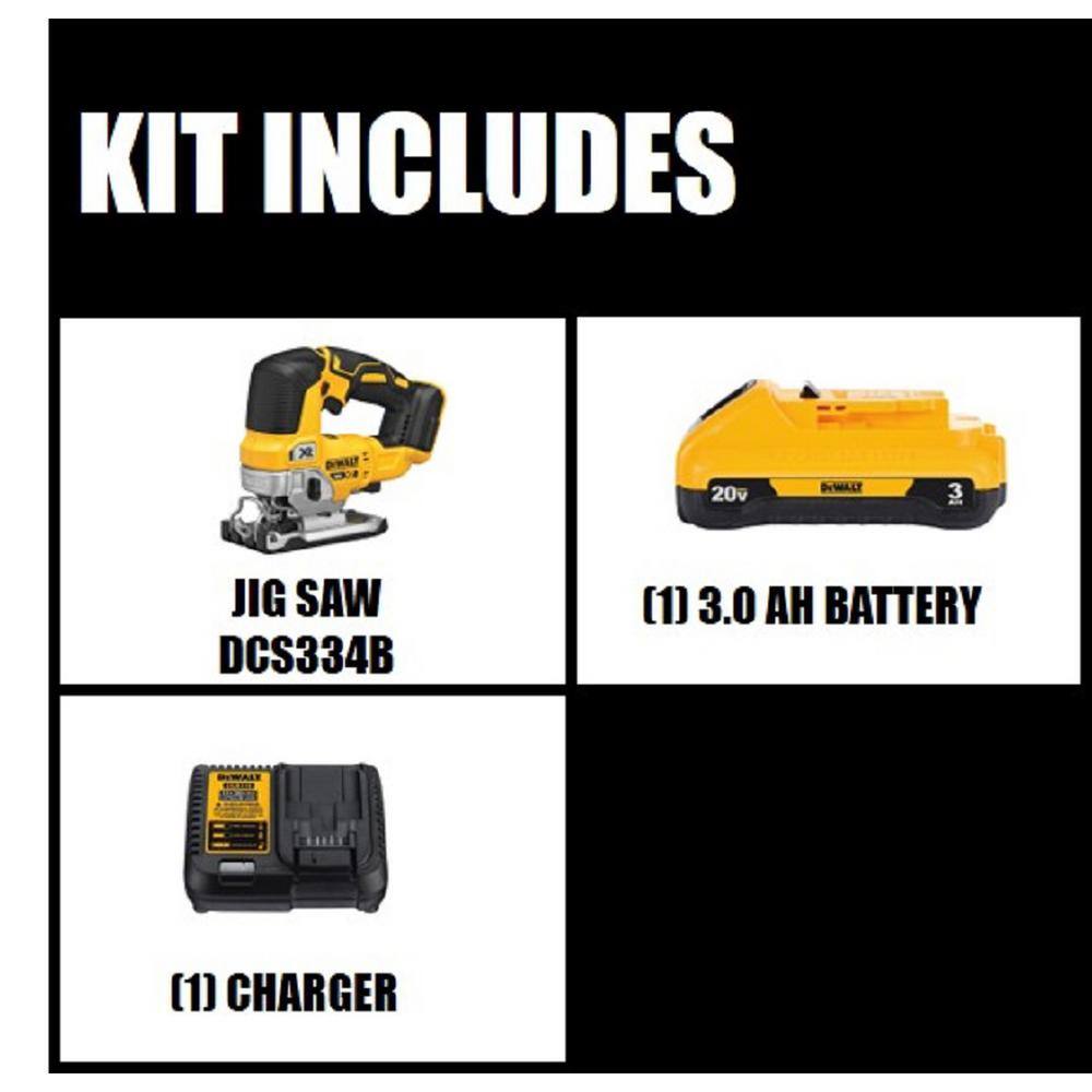 DEWALT  20V MAX XR Cordless Brushless Jigsaw. (1) 20V MAX Compact Lithium-Ion 3.0Ah Battery. and 12V-20V MAX Charger