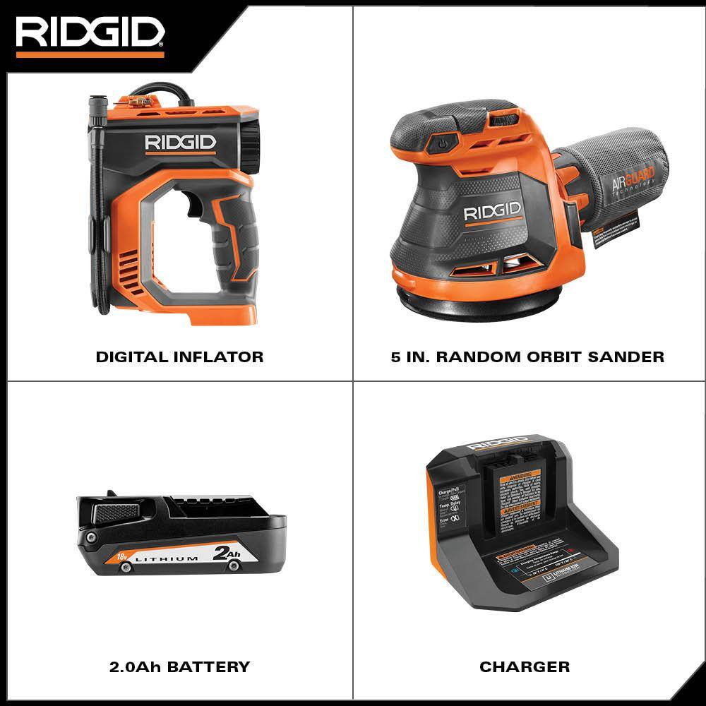 RIDGID  18V Cordless High Pressure Inflator Kit with 2.0 Ah Battery. Charger. and 5 in. Random Orbit Sander