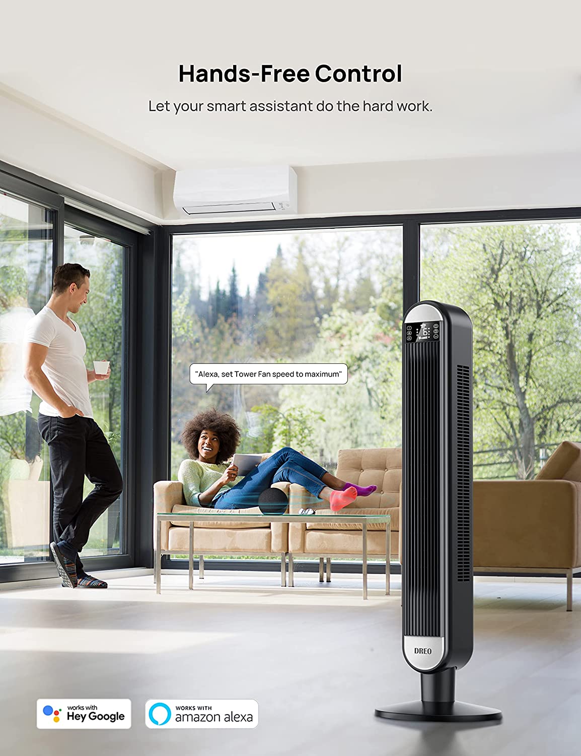 Dreo 42 Inch Smart Tower Fan. 90° Oscillating Fan. WiFi Alexa Fan. Voice Control. Bladeless Fan with Remote