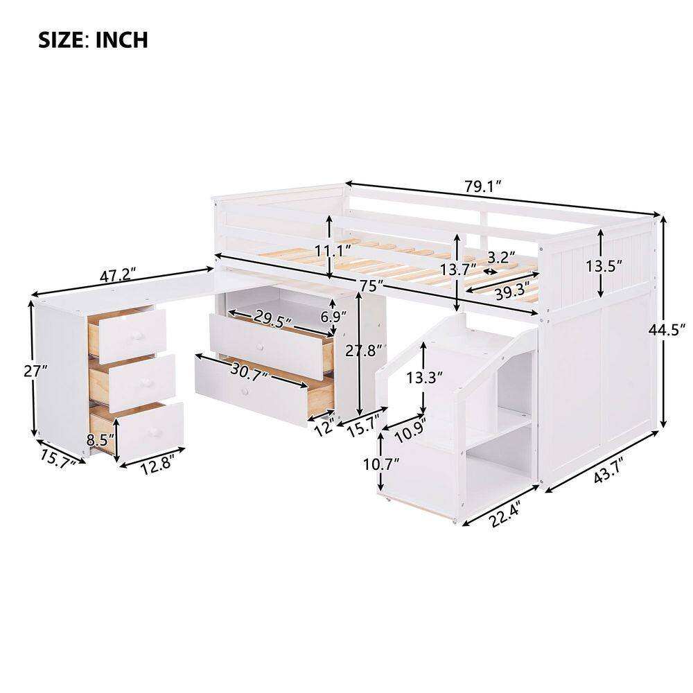 Harper & Bright Designs  Low Study White Twin Size Wood Loft Bed with Storage Steps. Drawers and Portable Desk