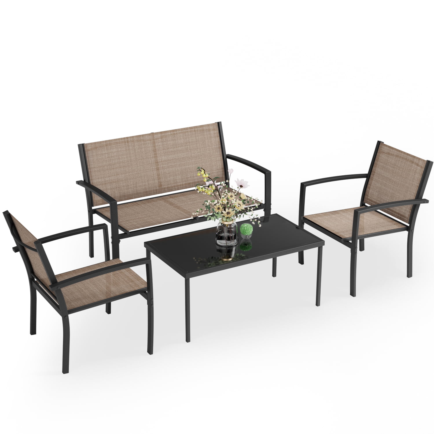 LACOO 4 Pieces Outdoor Furniture Set Patio Textilene Steel Conversation Set with Loveseat Tea Table for Lawn and Balcony. Brown