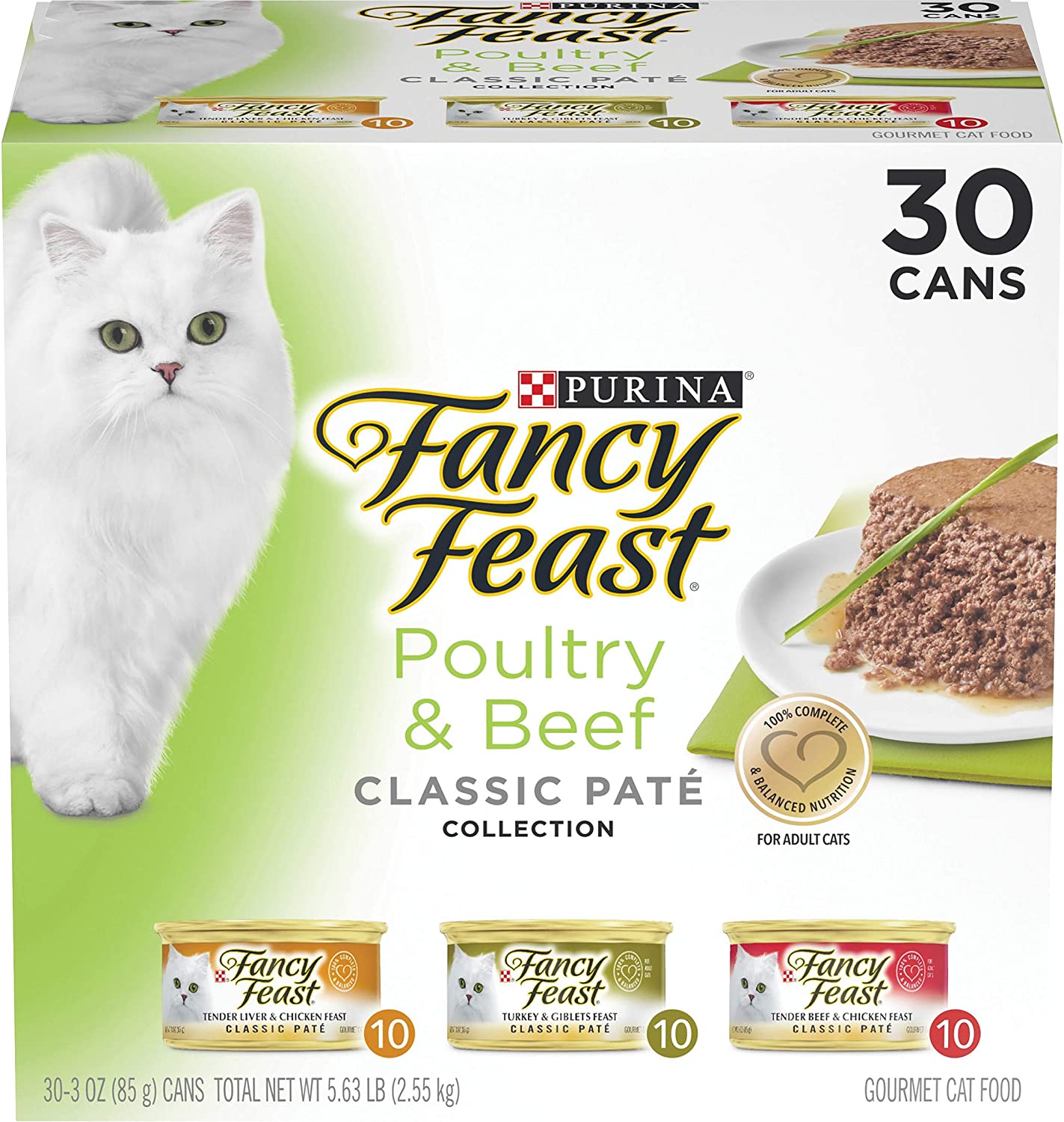 Purina Fancy Feast Grain Free Pate Wet Cat Food Variety Pack. Poultry & Beef Collection - (30) 3 oz. Cans