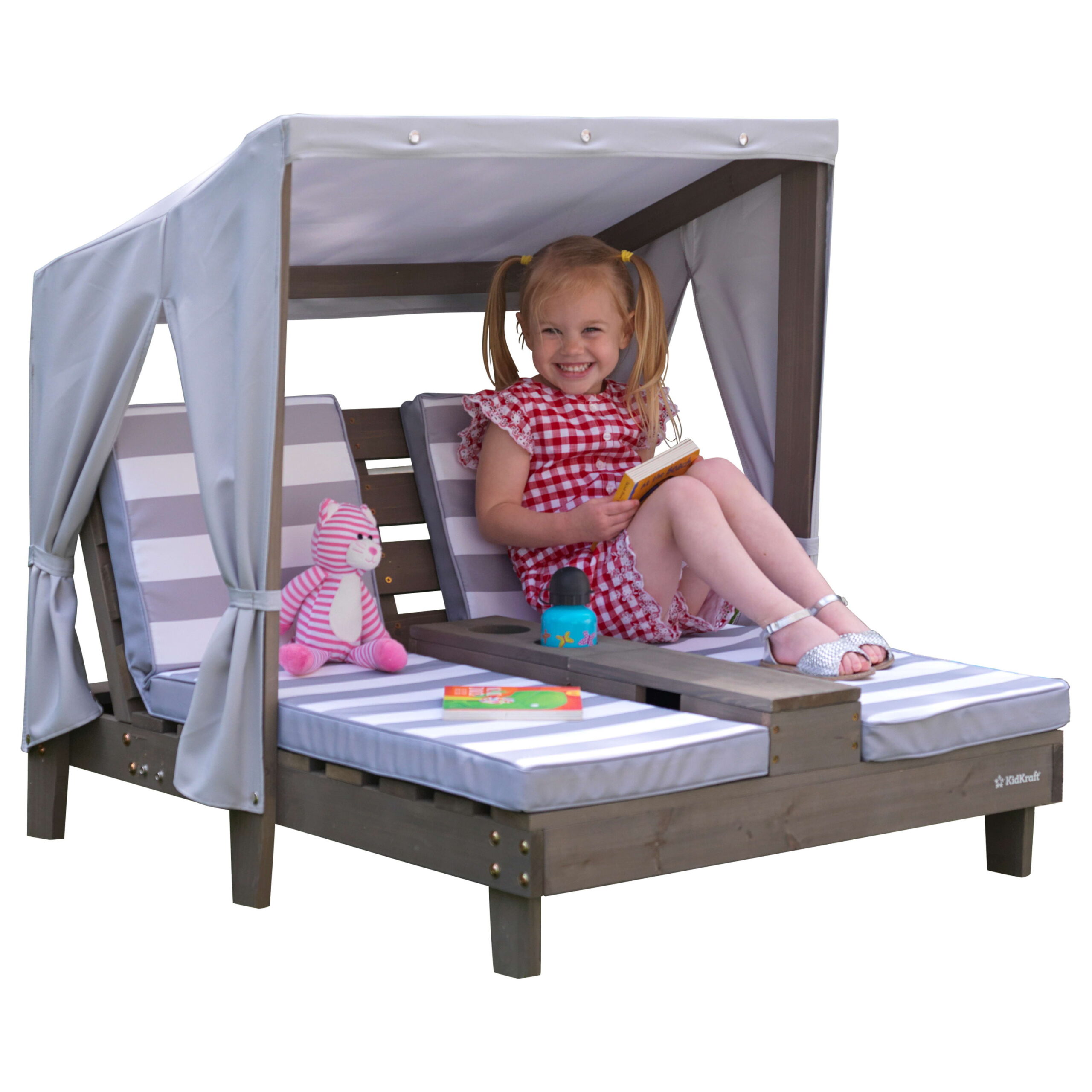 KidKraft Wooden Outdoor Double Chaise Lounge with Cup Holders. Kid-s Furniture. Gray